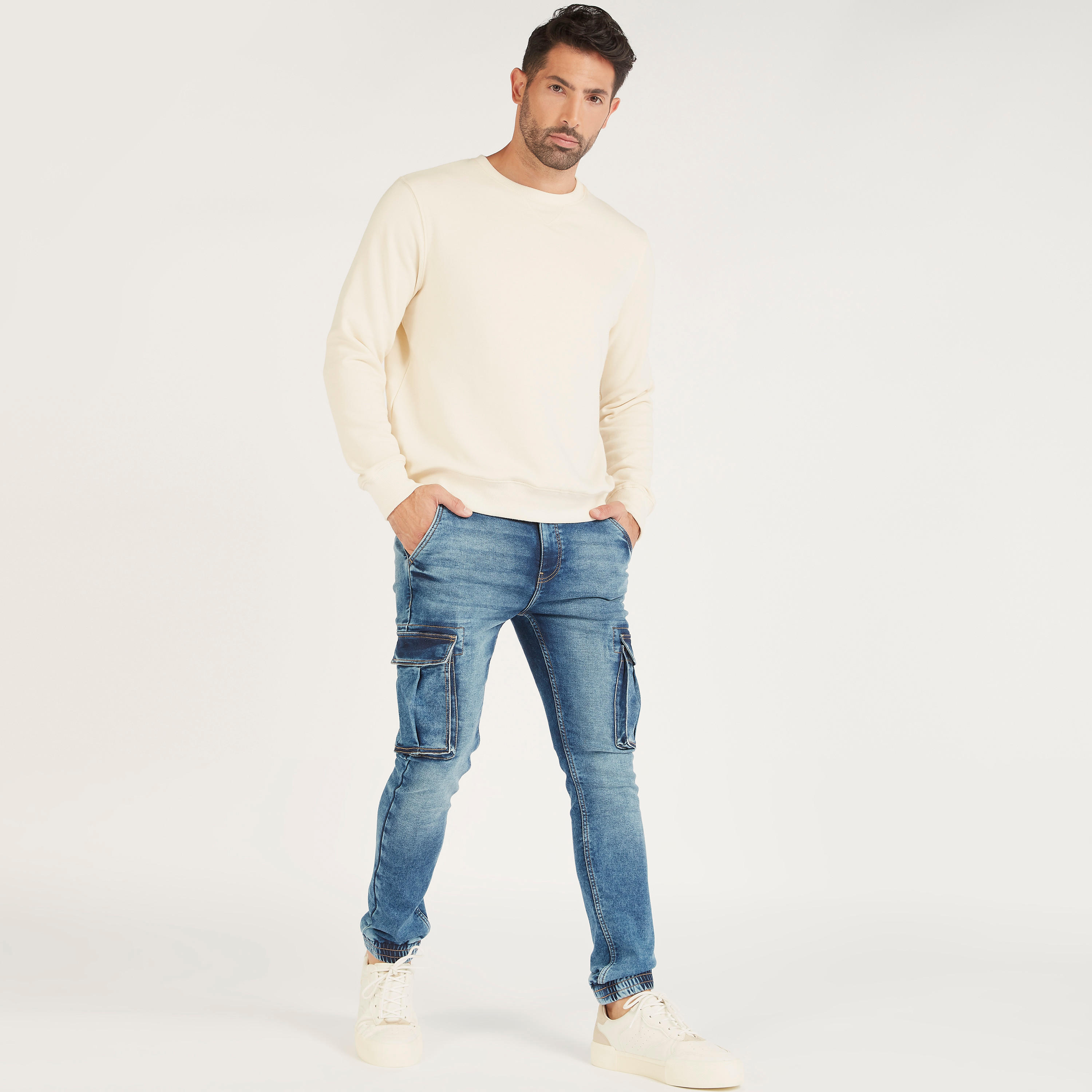 Solid Cargo Jeans with Button Closure and Pockets-men-clothing-bottoms-jeans-image-2