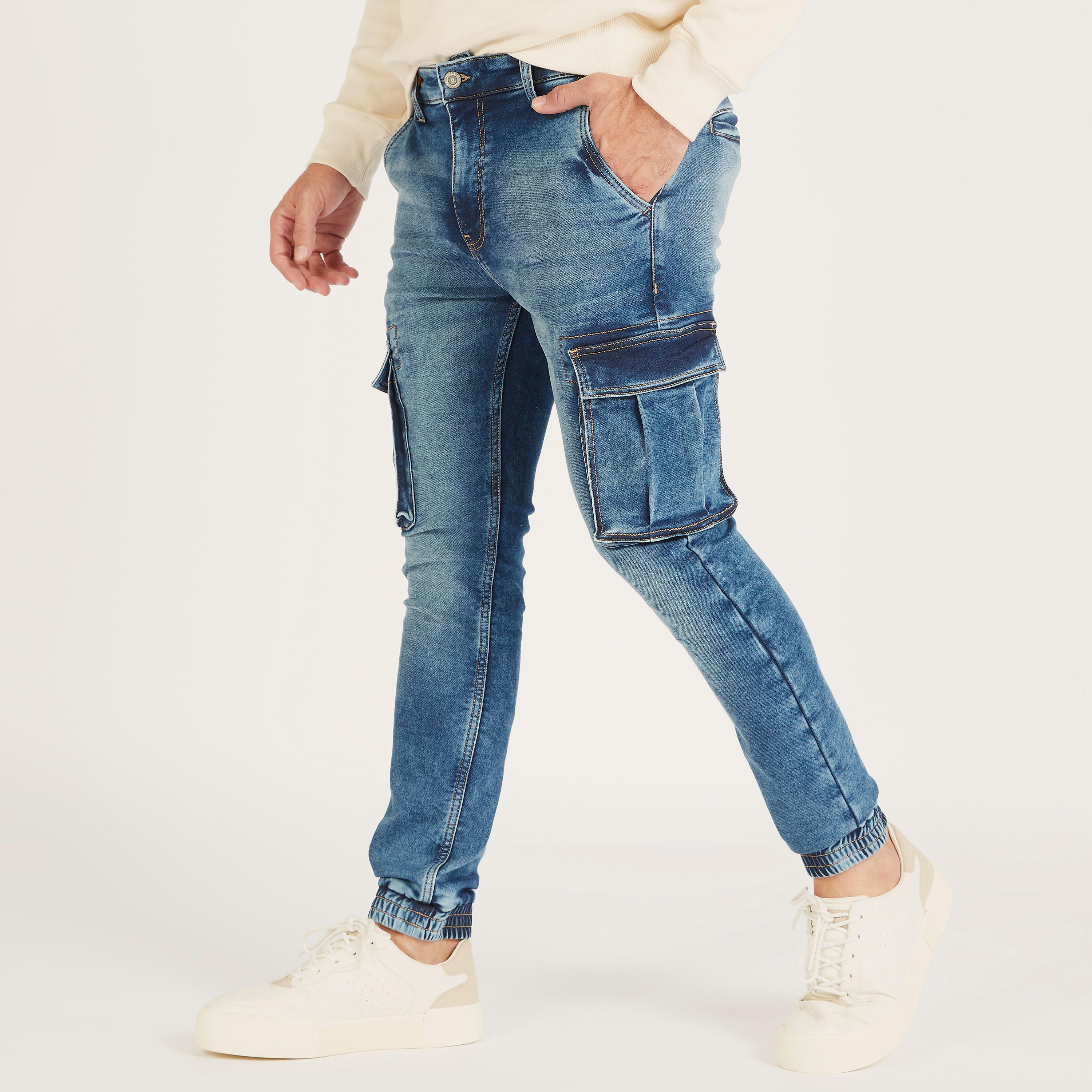 Solid Cargo Jeans with Button Closure and Pockets-men-clothing-bottoms-jeans-image-5