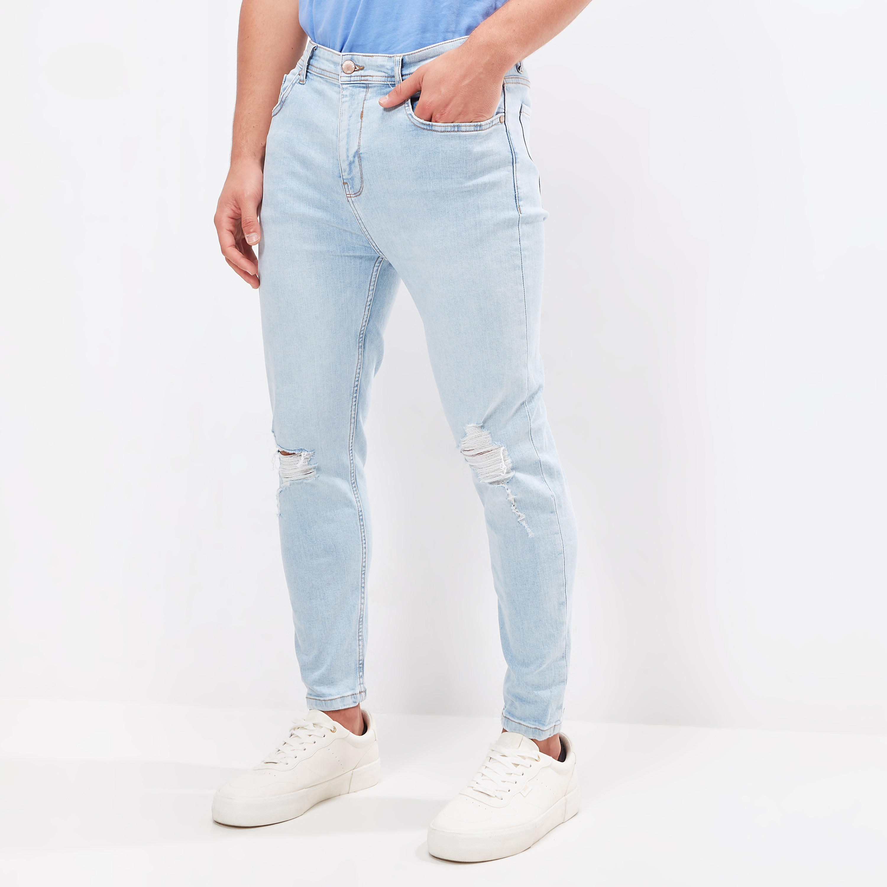 Ripped Slim Fit Cropped Jeans with Button Closure and Pockets-men-clothing-bottoms-jeans-image-1