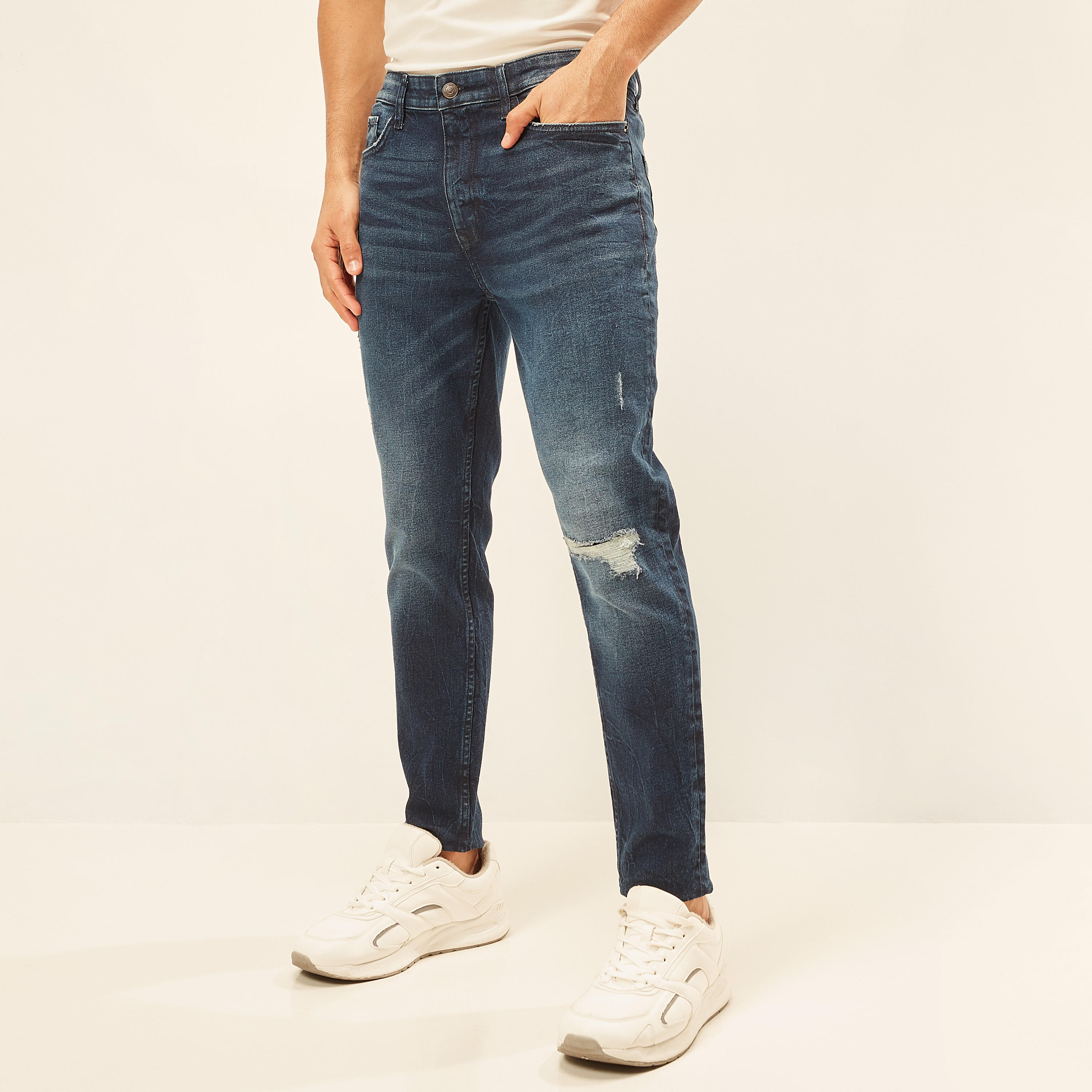 Ripped Carrot Fit Denim Jeans with Button Closure-men-clothing-bottoms-jeans-image-1