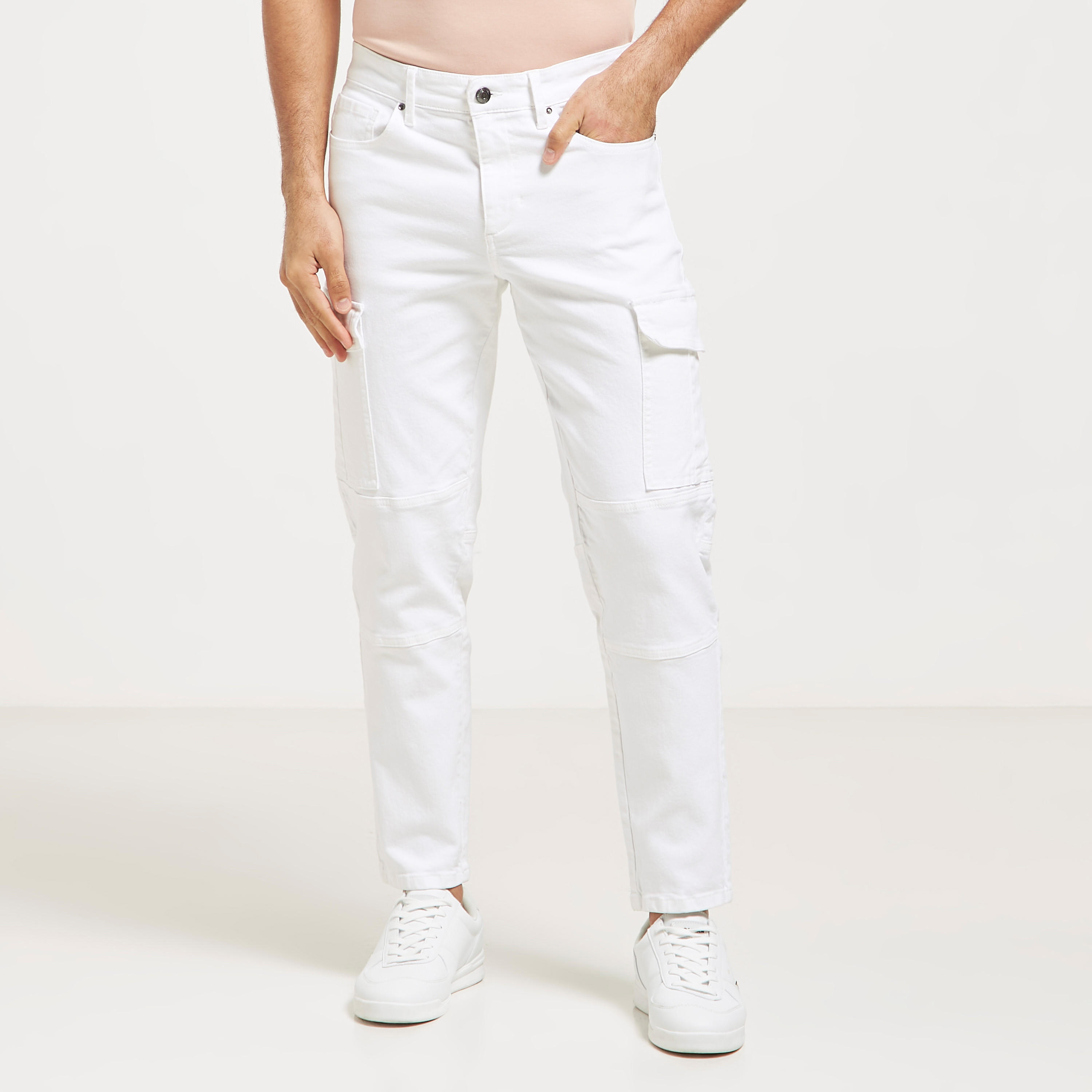 Solid Carrot Fit Cargo Jeans with Button Closure and Pockets-men-clothing-bottoms-jeans-image-1