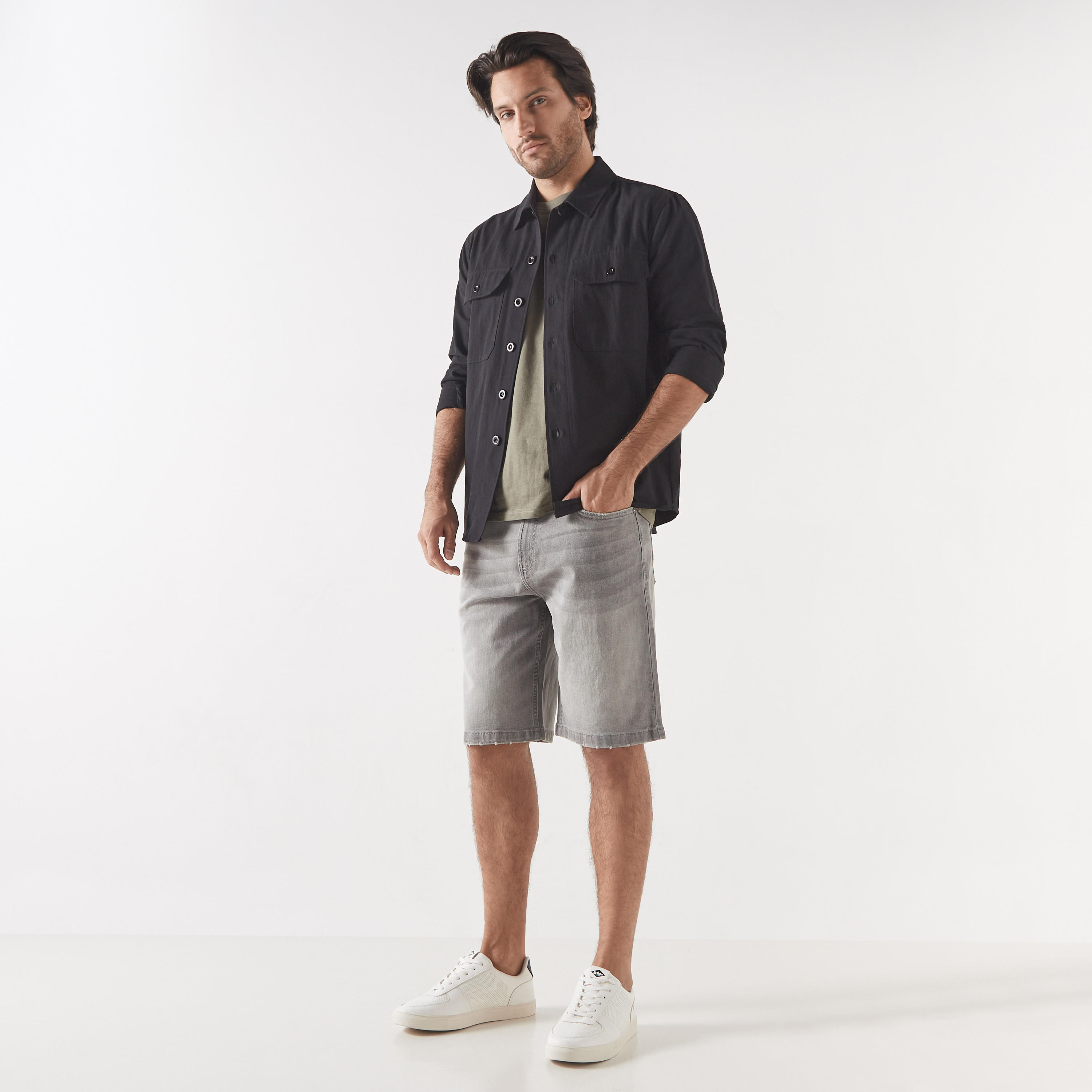 Denim Shorts with Pockets and Button Closure-men-clothing-bottoms-shorts-image-14