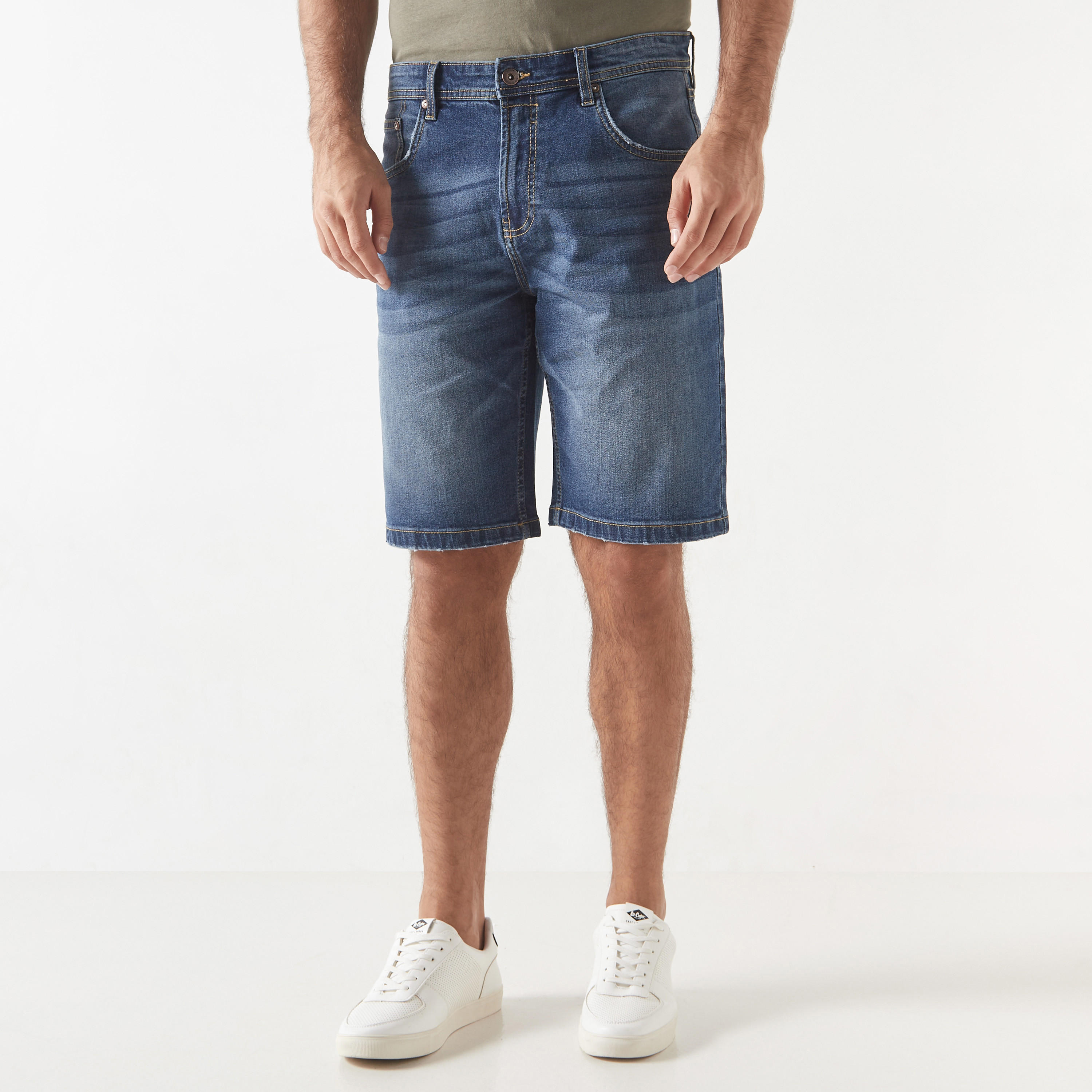 Denim Shorts with Pockets and Button Closure-men-clothing-bottoms-shorts-image-1