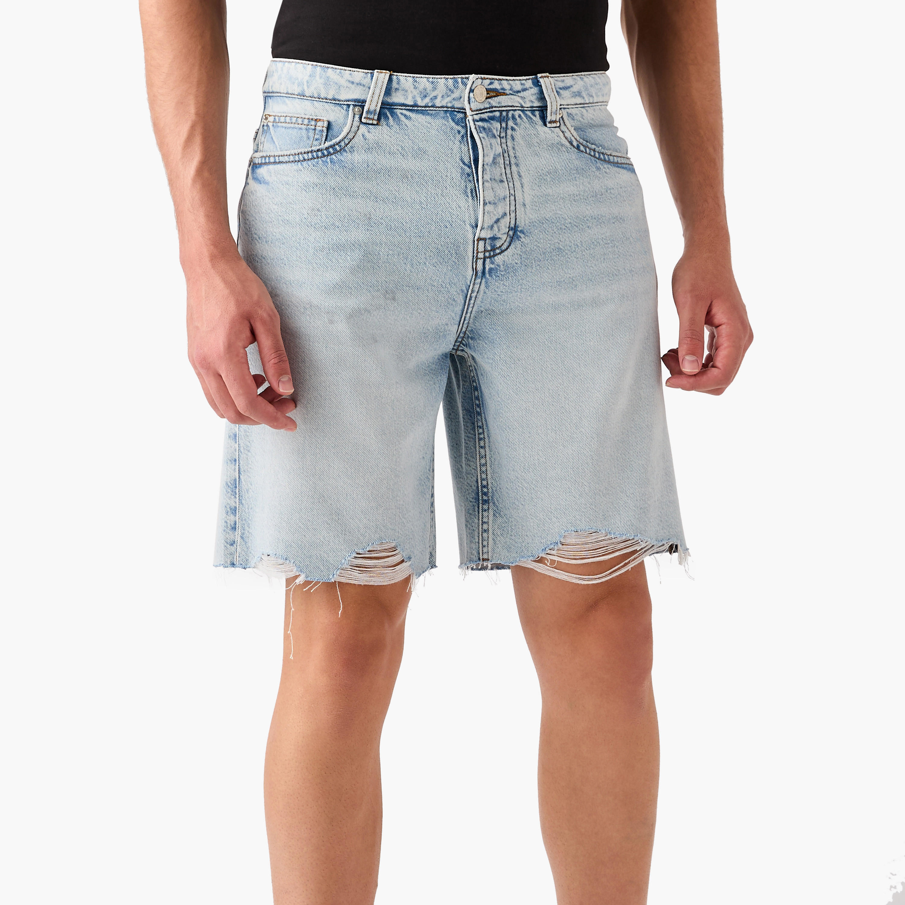 Distressed Denim Shorts with Pockets and Button Closure-men-clothing-bottoms-shorts-image-1