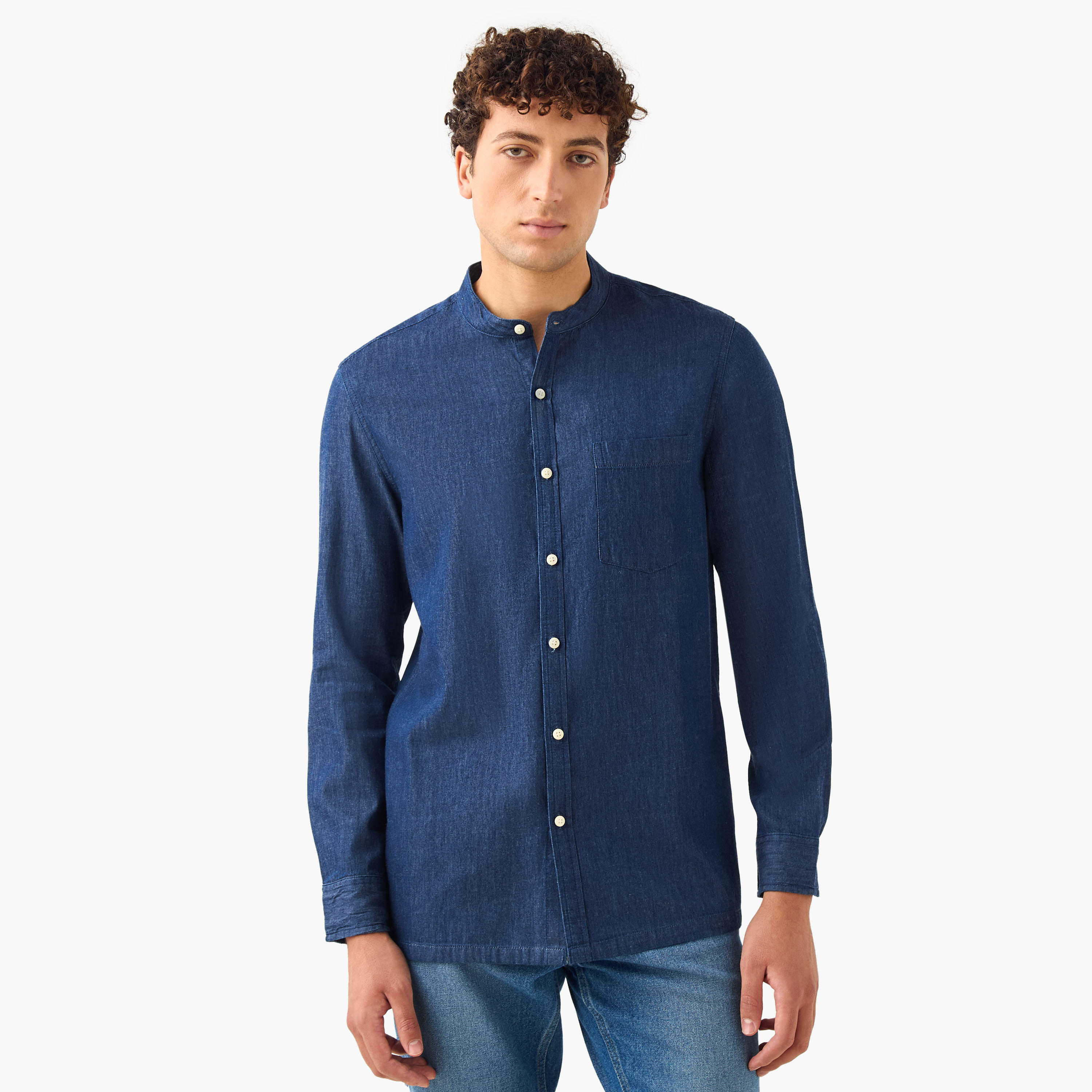 Regular Fit Mandarin Collar Shirt with Long Sleeves-men-clothing-shirts-image-1
