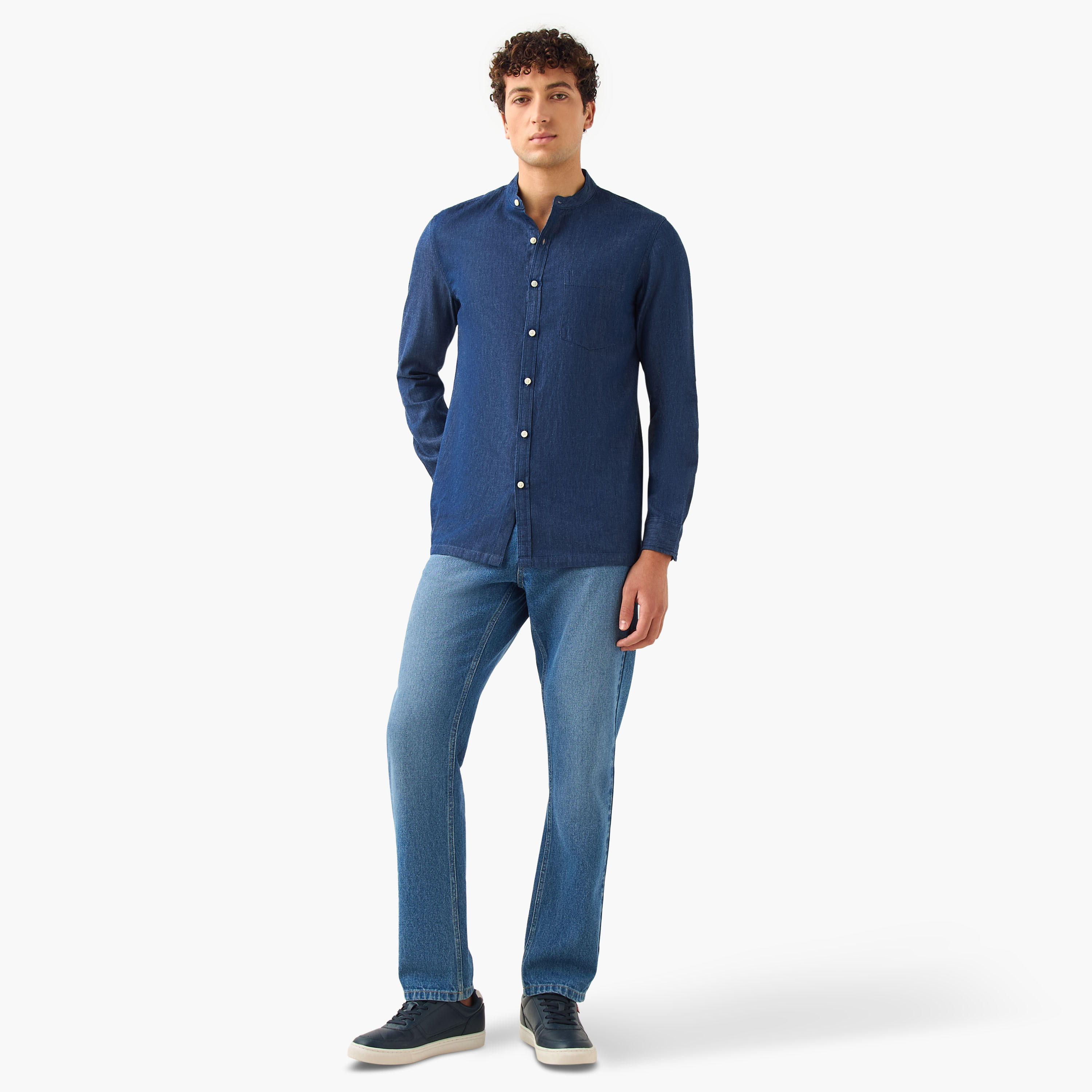 Regular Fit Mandarin Collar Shirt with Long Sleeves-men-clothing-shirts-image-2