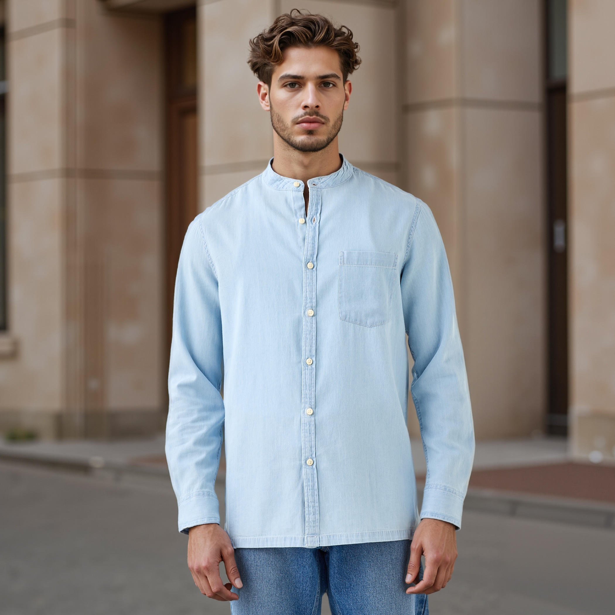 قميص بقصّة عادية وياقة ماندارين وأكمام طويلة-men-clothing-shirts-image-1