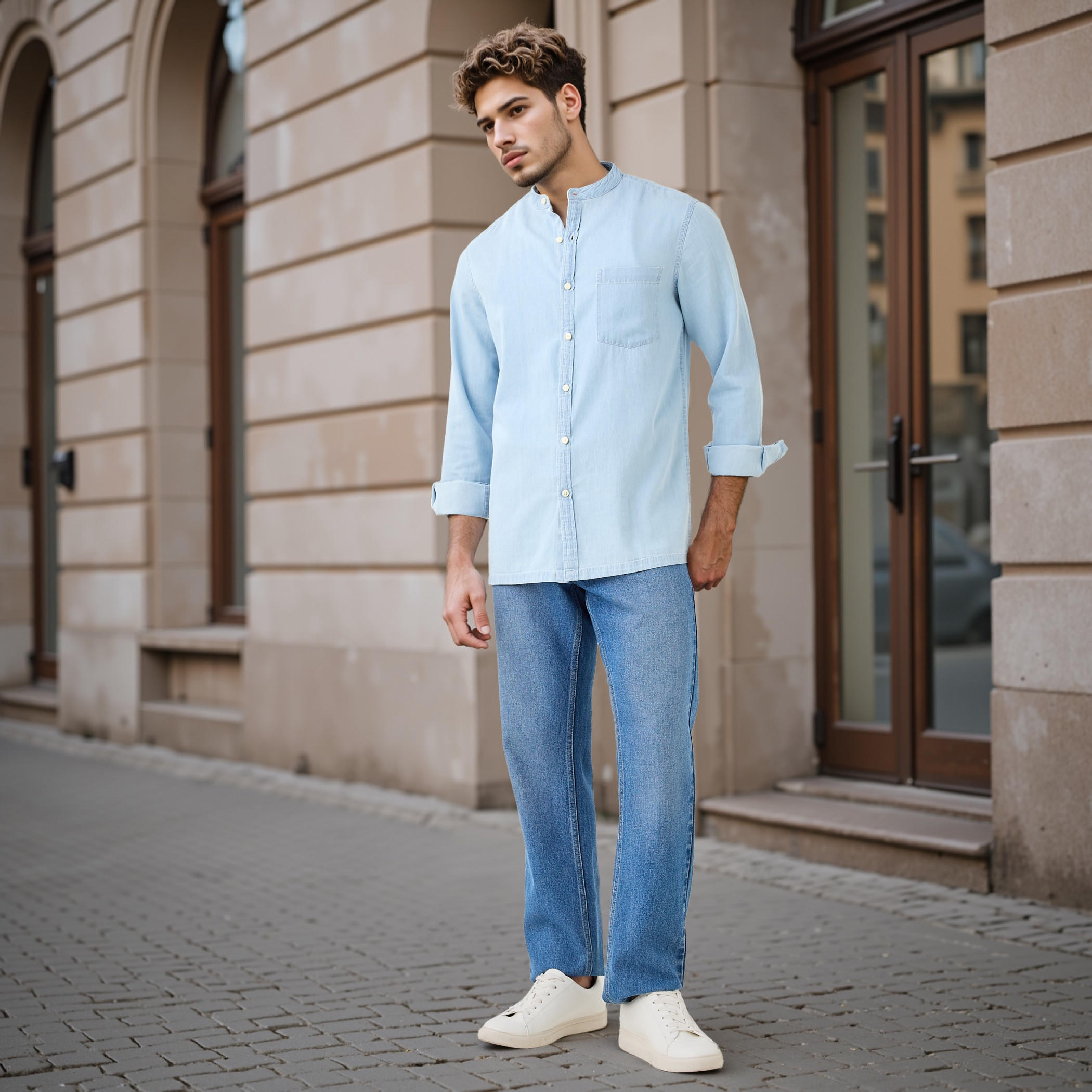 قميص بقصّة عادية وياقة ماندارين وأكمام طويلة-men-clothing-shirts-image-2