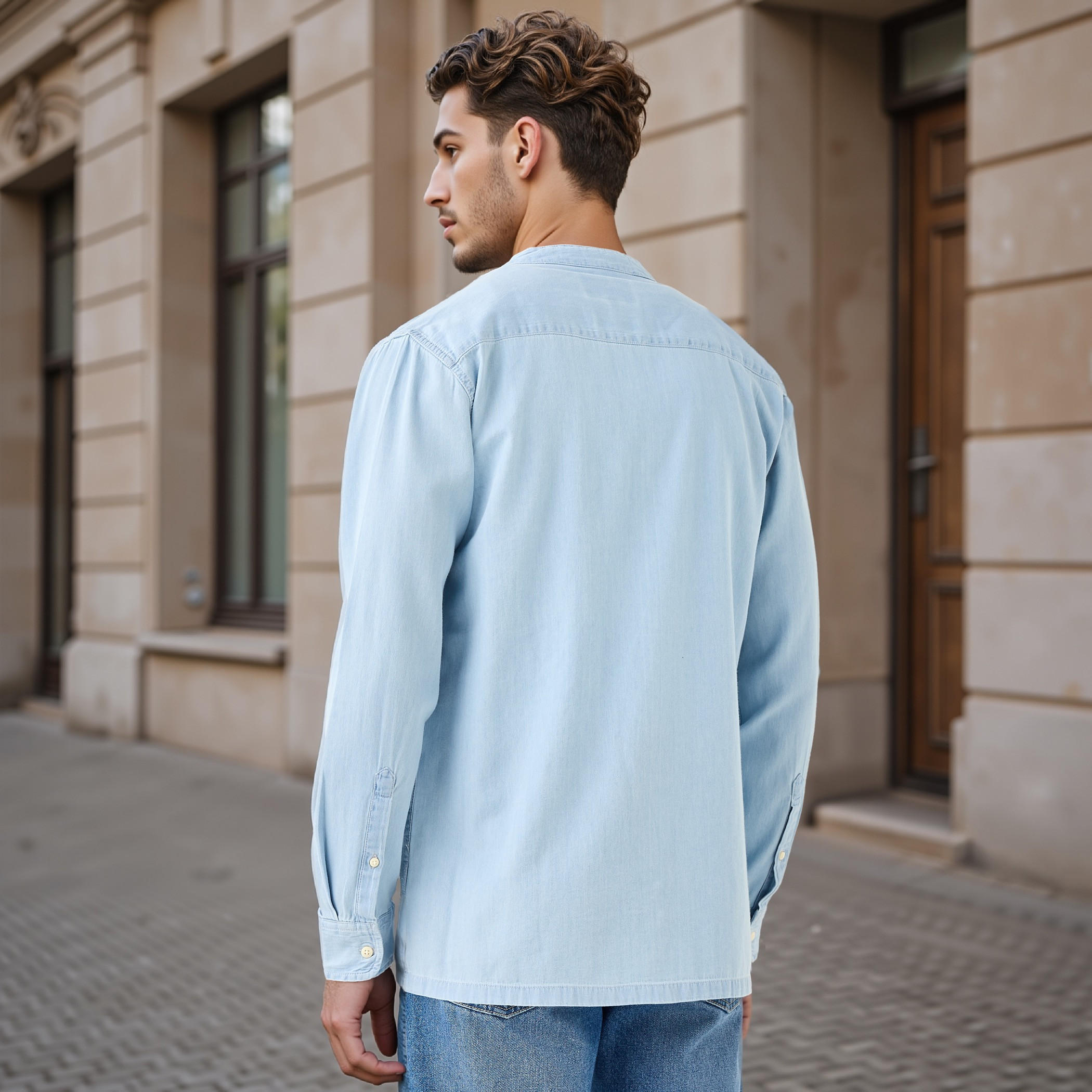قميص بقصّة عادية وياقة ماندارين وأكمام طويلة-men-clothing-shirts-image-3
