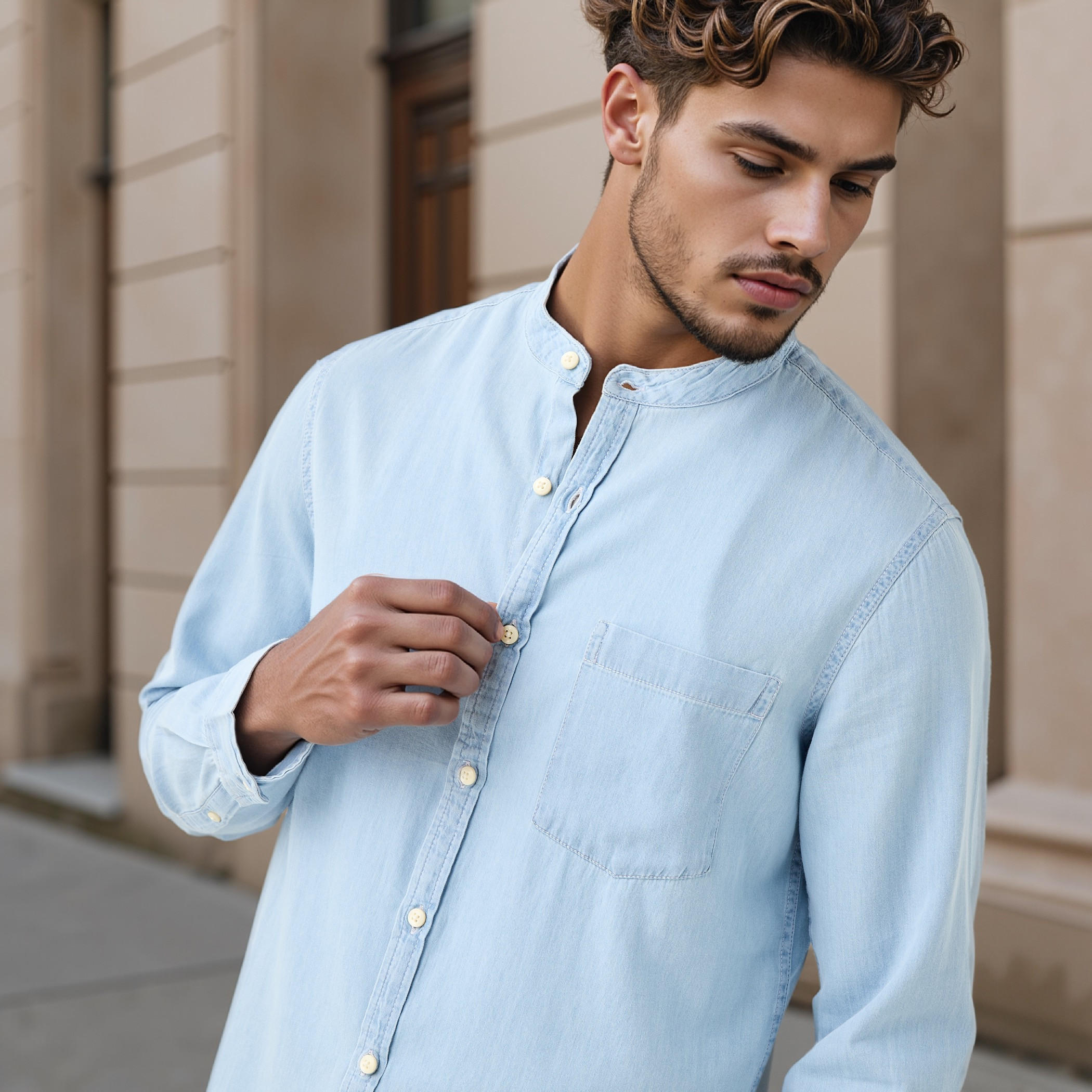 قميص بقصّة عادية وياقة ماندارين وأكمام طويلة-men-clothing-shirts-image-4