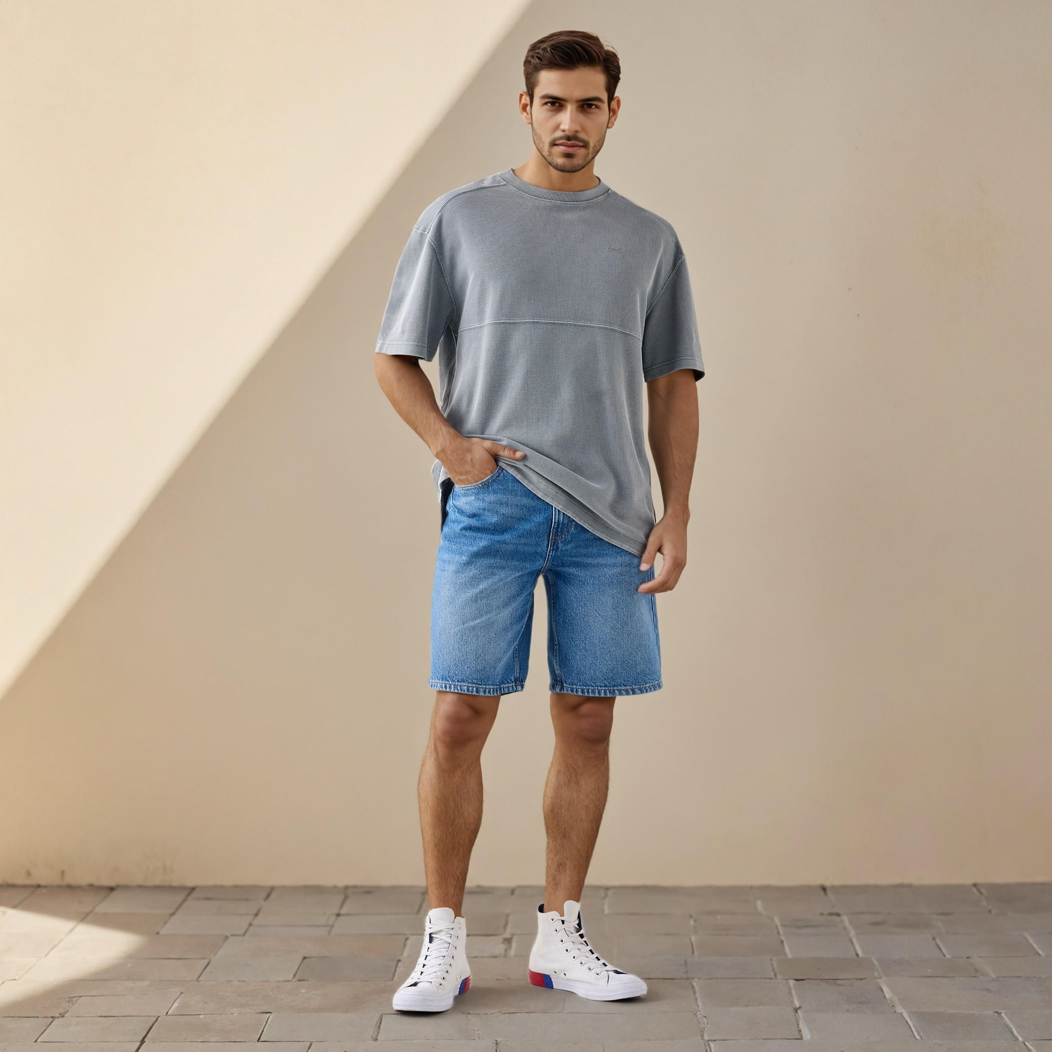 Denim Shorts with Button Closure and Pockets-men-clothing-bottoms-shorts-image-2