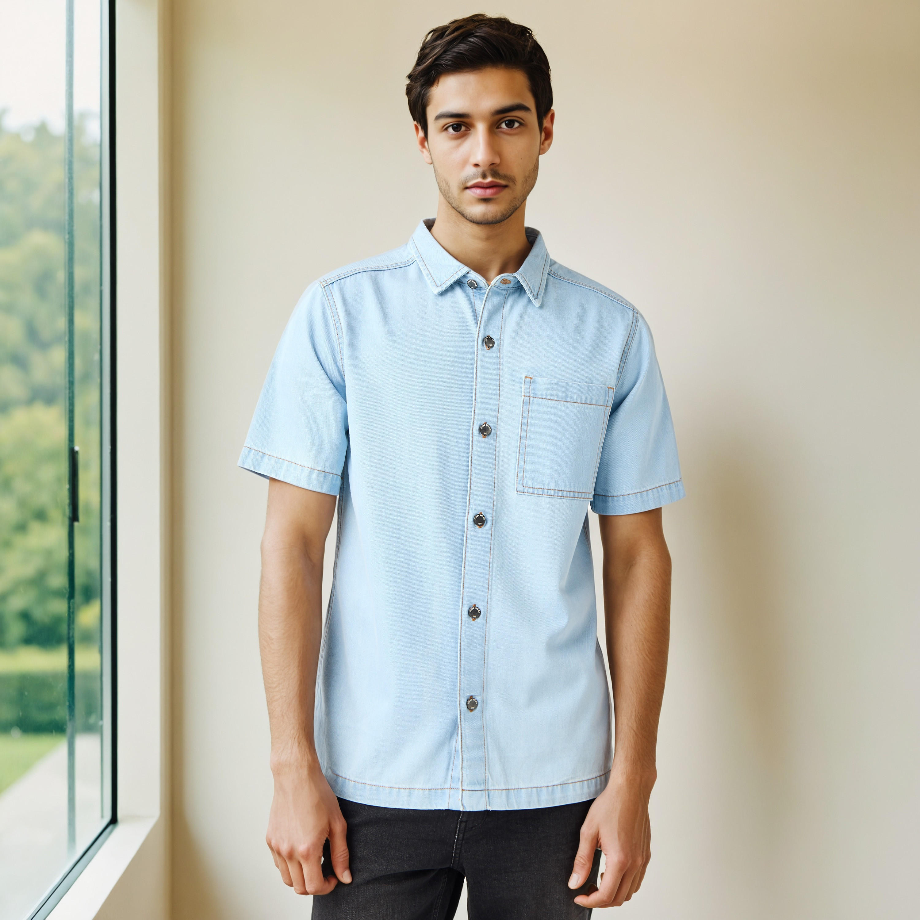 قميص دينم بياقة وقصة عادية وجيب على الصدر-men-clothing-shirts-image-5