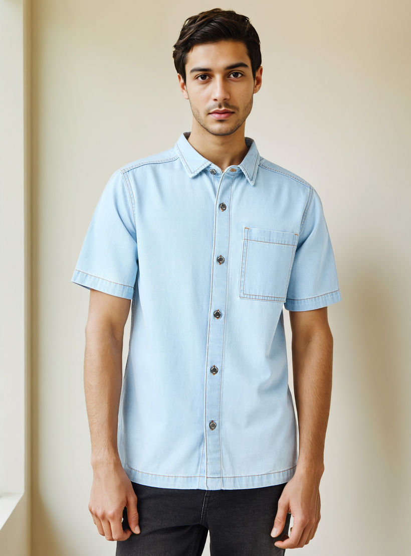 قميص دينم بياقة وقصة عادية وجيب على الصدر-men-clothing-shirts-image-5