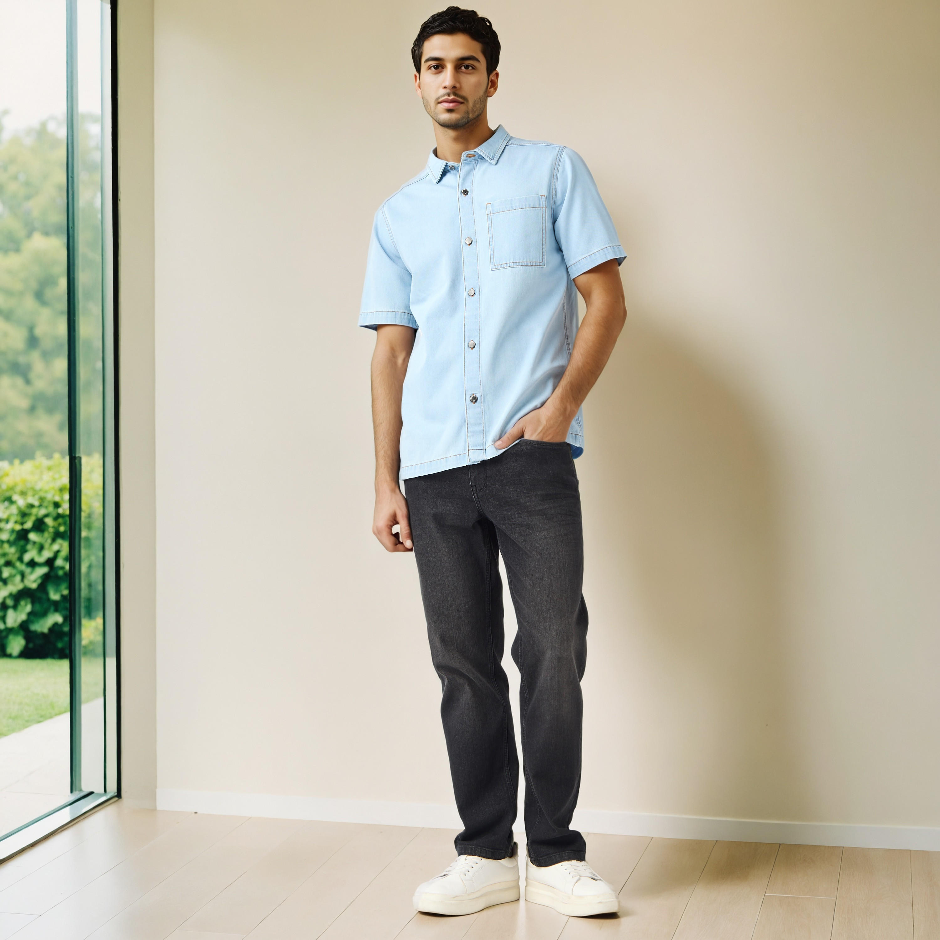 قميص دينم بياقة وقصة عادية وجيب على الصدر-men-clothing-shirts-image-4