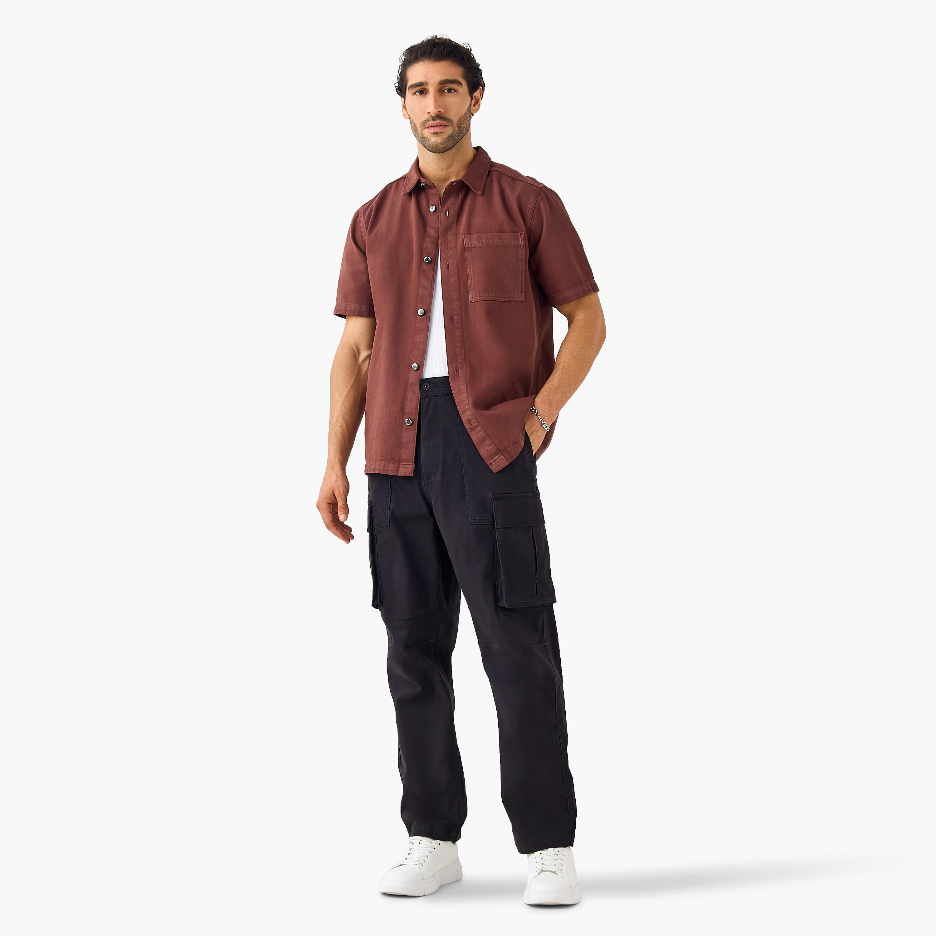 Regular Fit Collared Denim Shirt with Chest Pocket-men-clothing-shirts-image-2