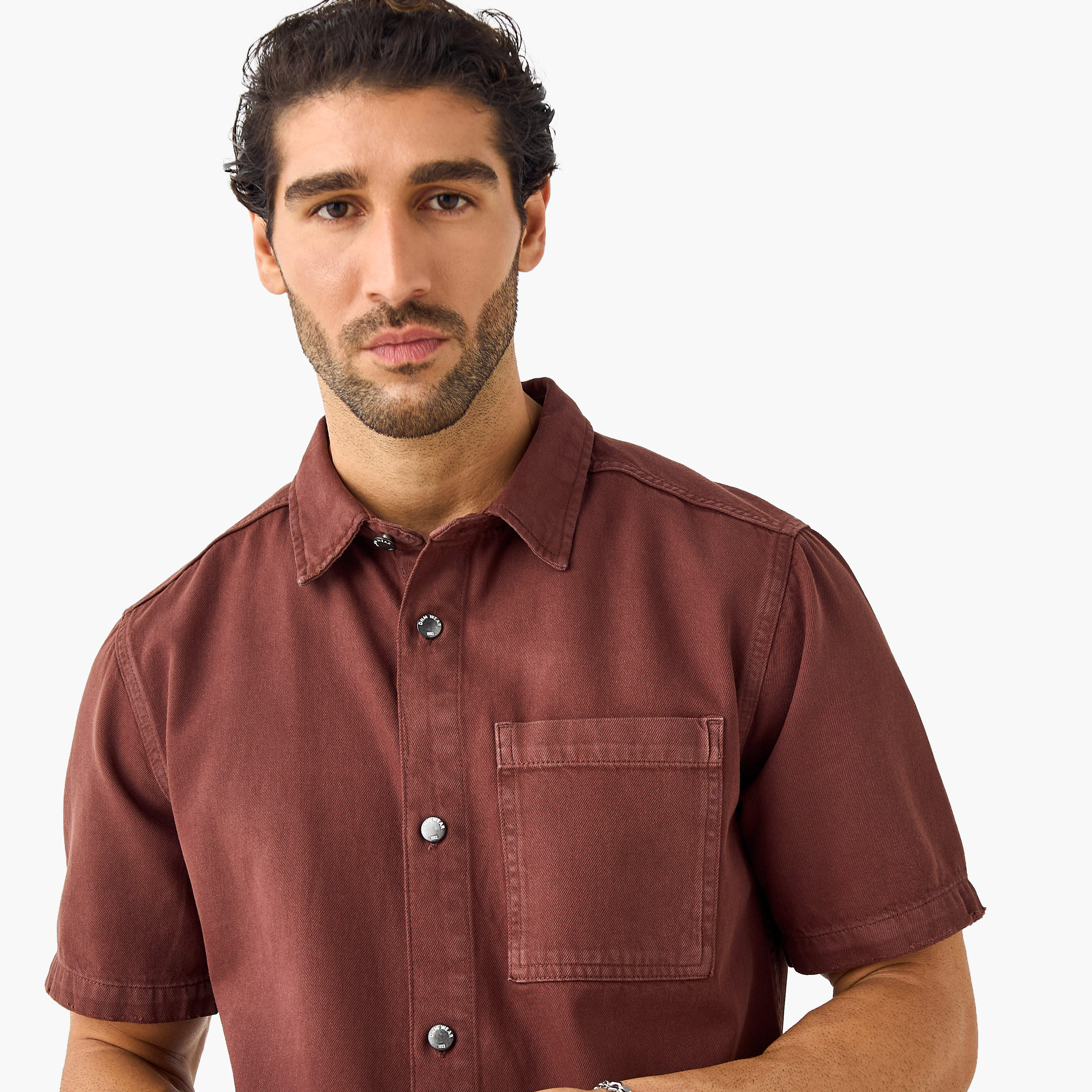 Regular Fit Collared Denim Shirt with Chest Pocket-men-clothing-shirts-image-4