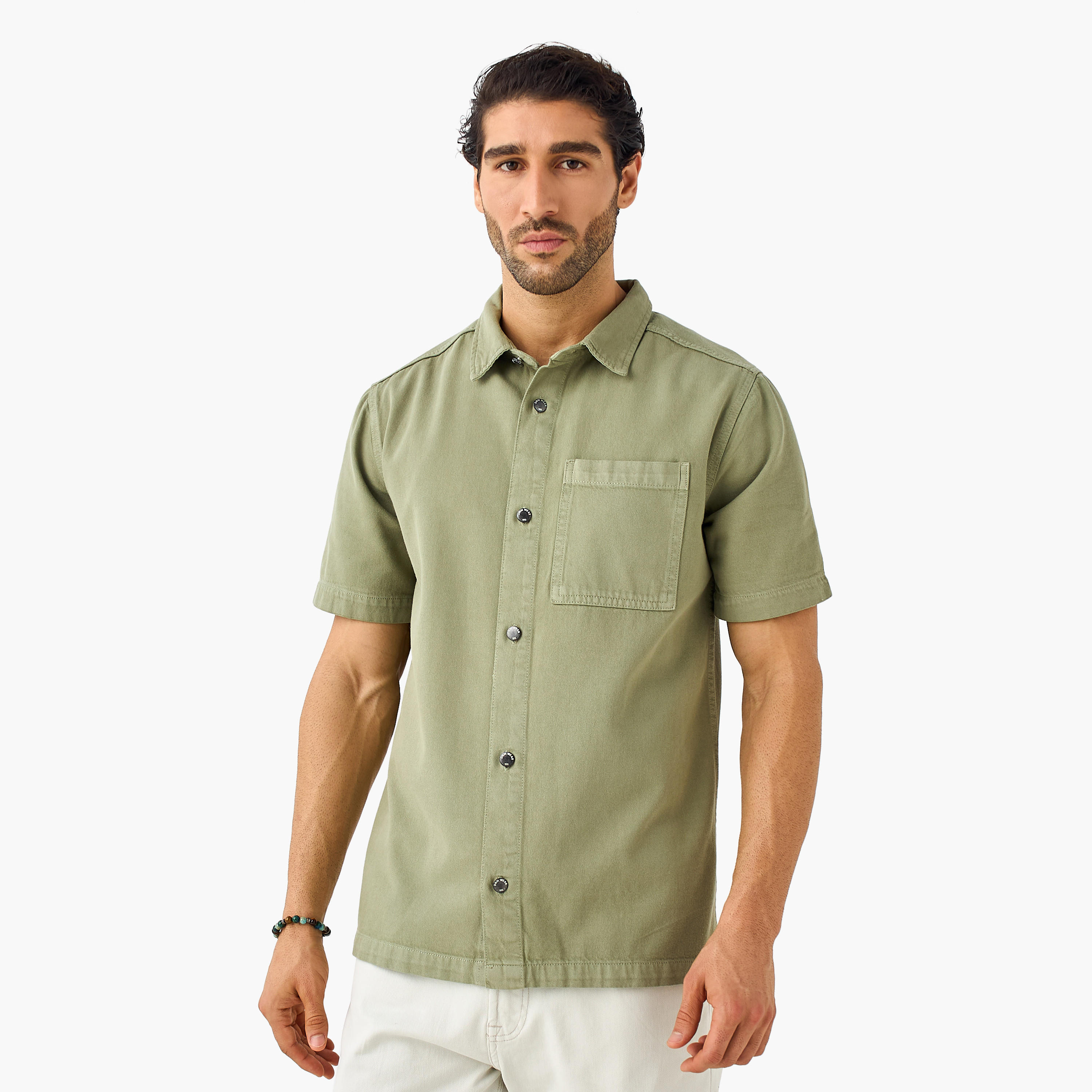Regular Fit Collared Denim Shirt with Chest Pocket-men-clothing-shirts-image-1