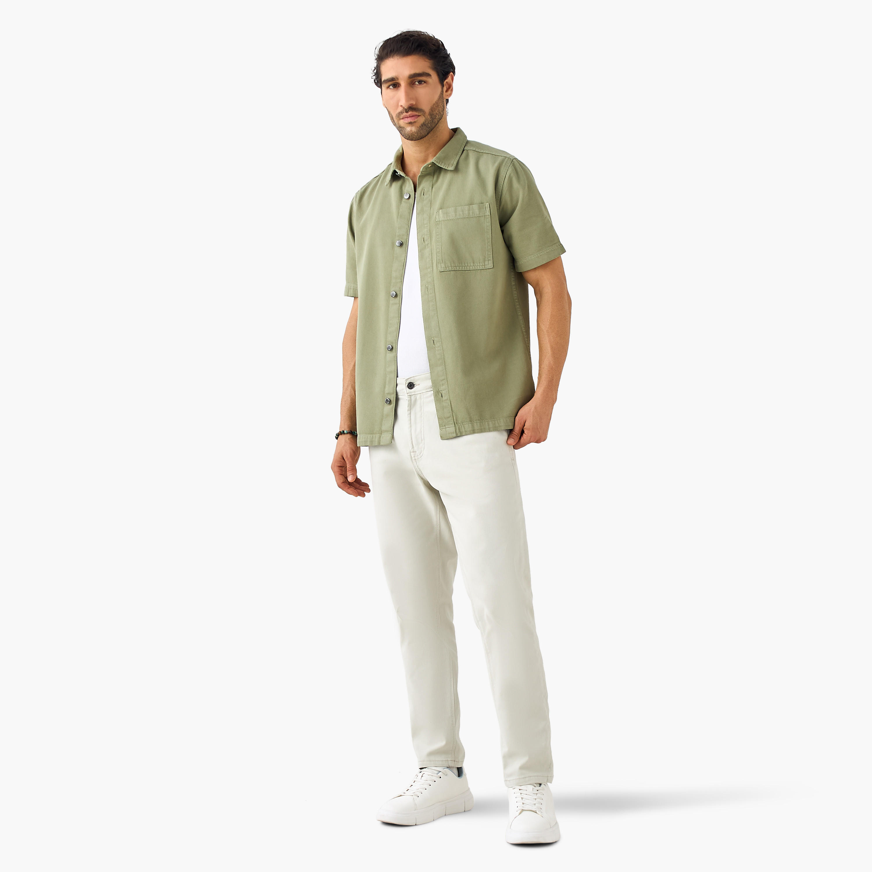 Regular Fit Collared Denim Shirt with Chest Pocket-men-clothing-shirts-image-2