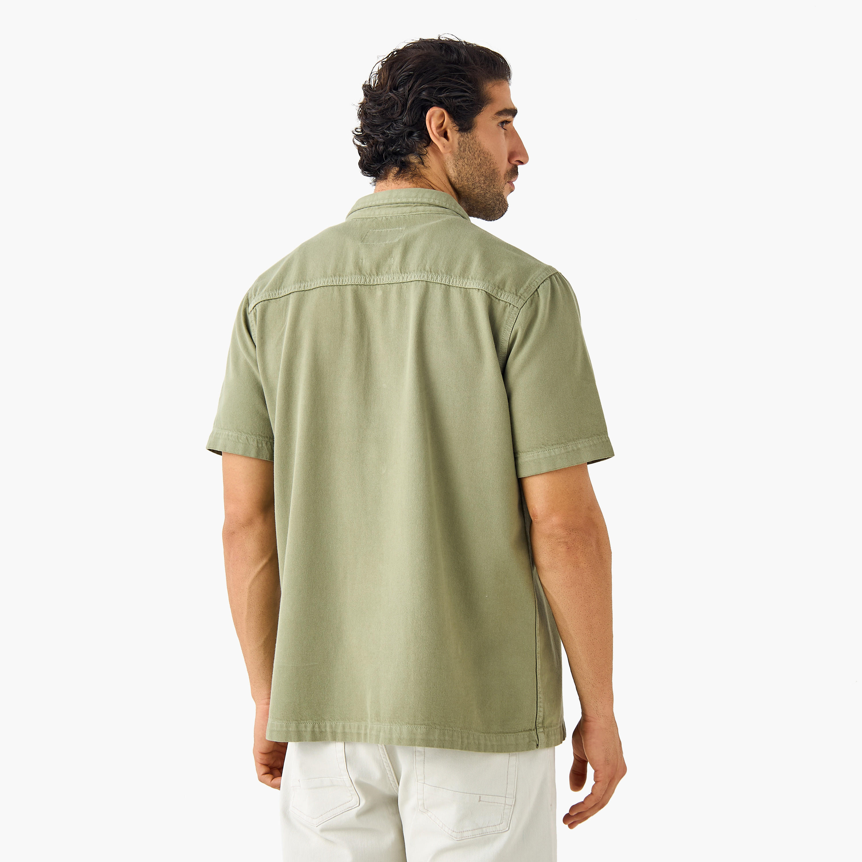 Regular Fit Collared Denim Shirt with Chest Pocket-men-clothing-shirts-image-3