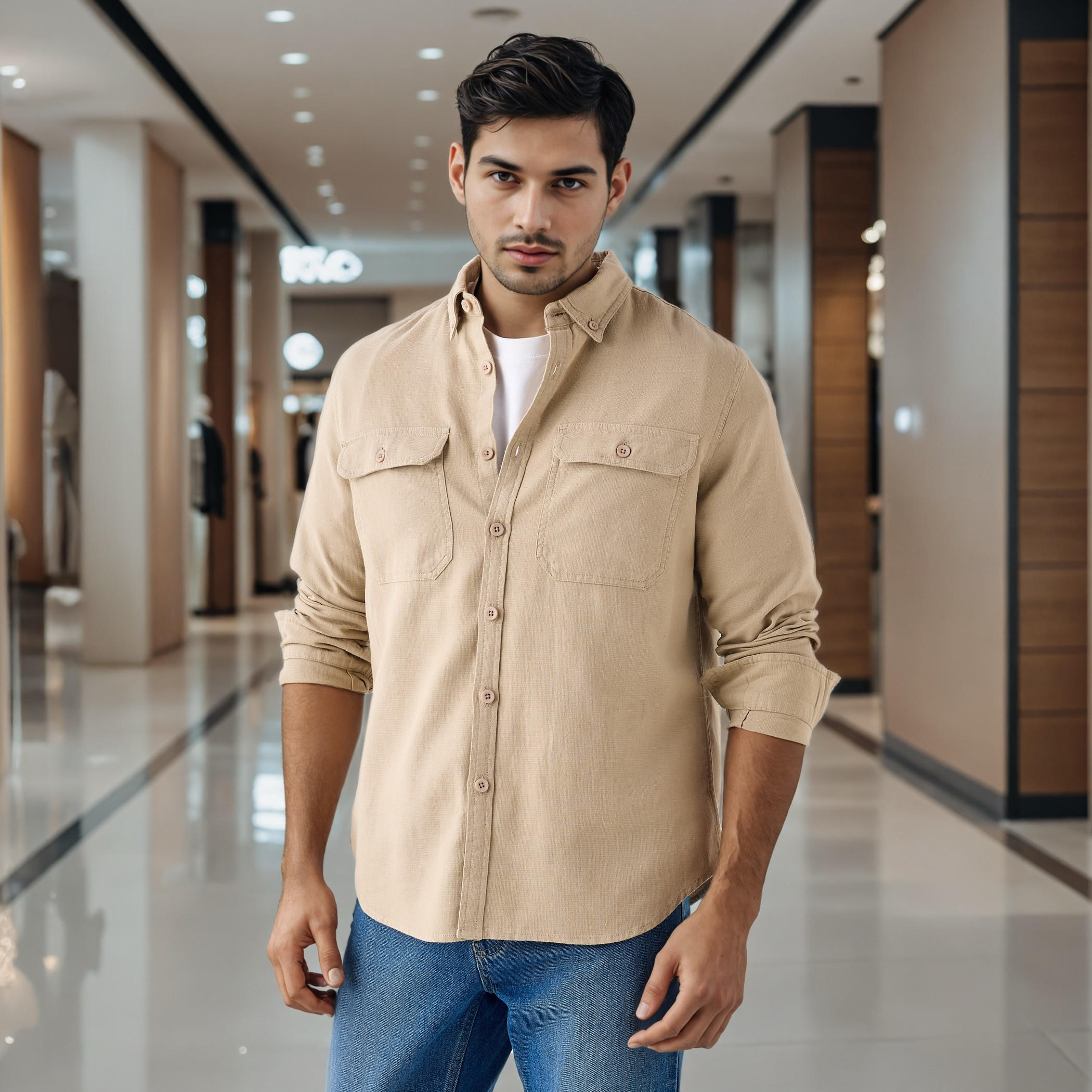 قميص دينم بأكمام طويلة وجيب بطية-men-clothing-shirts-image-1