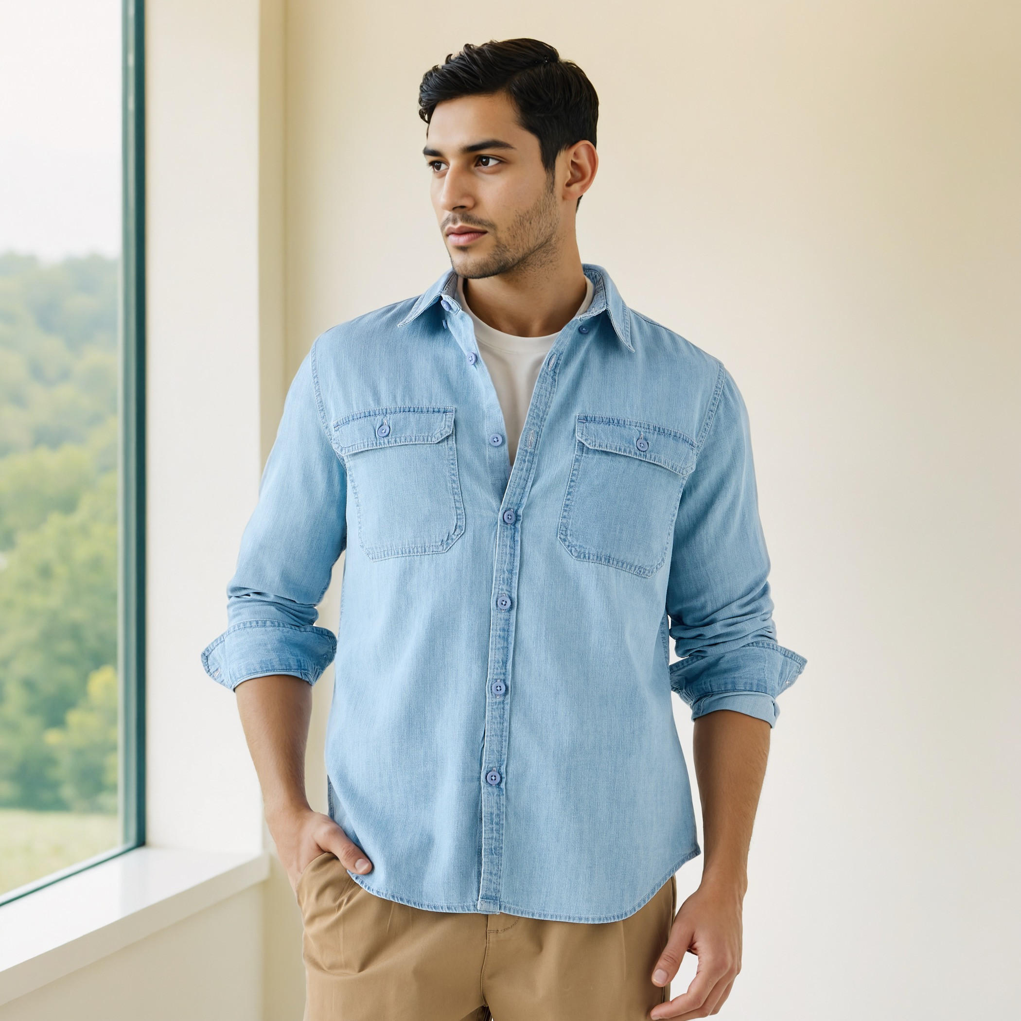 قميص دينم بأكمام طويلة وجيب بطية-men-clothing-shirts-image-1
