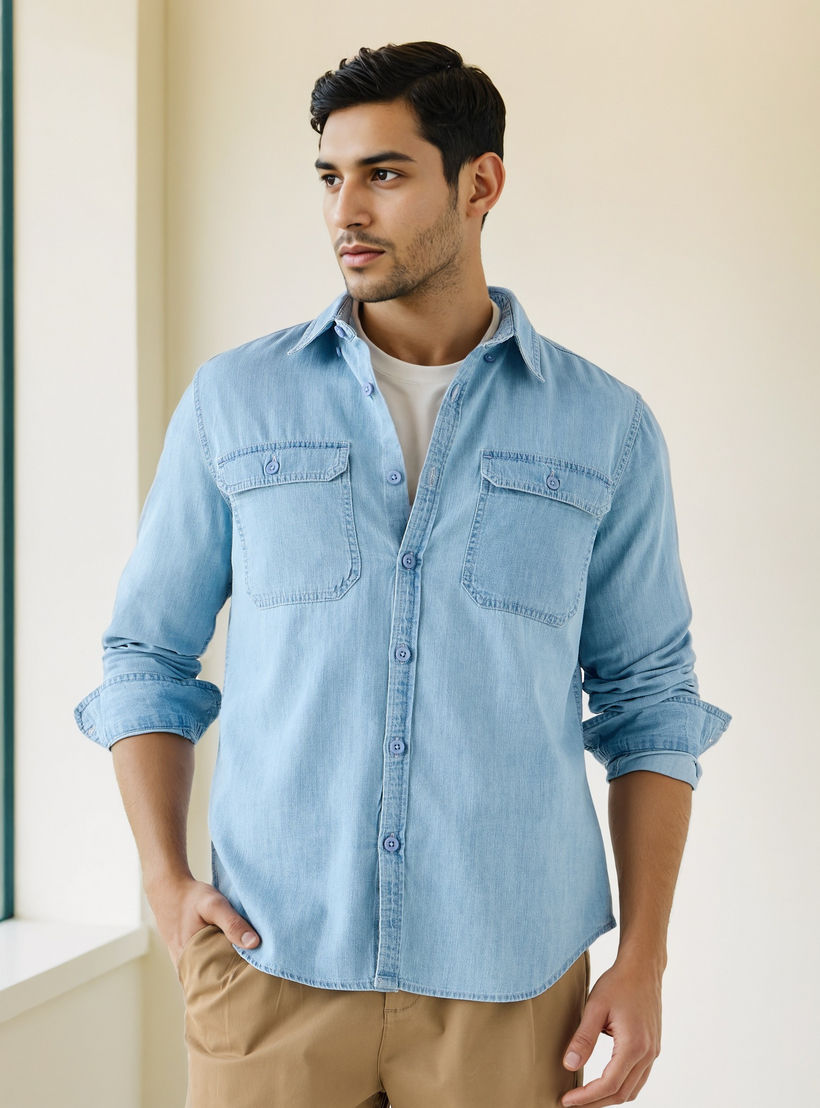 قميص دينم بأكمام طويلة وجيب بطية-men-clothing-shirts-image-1