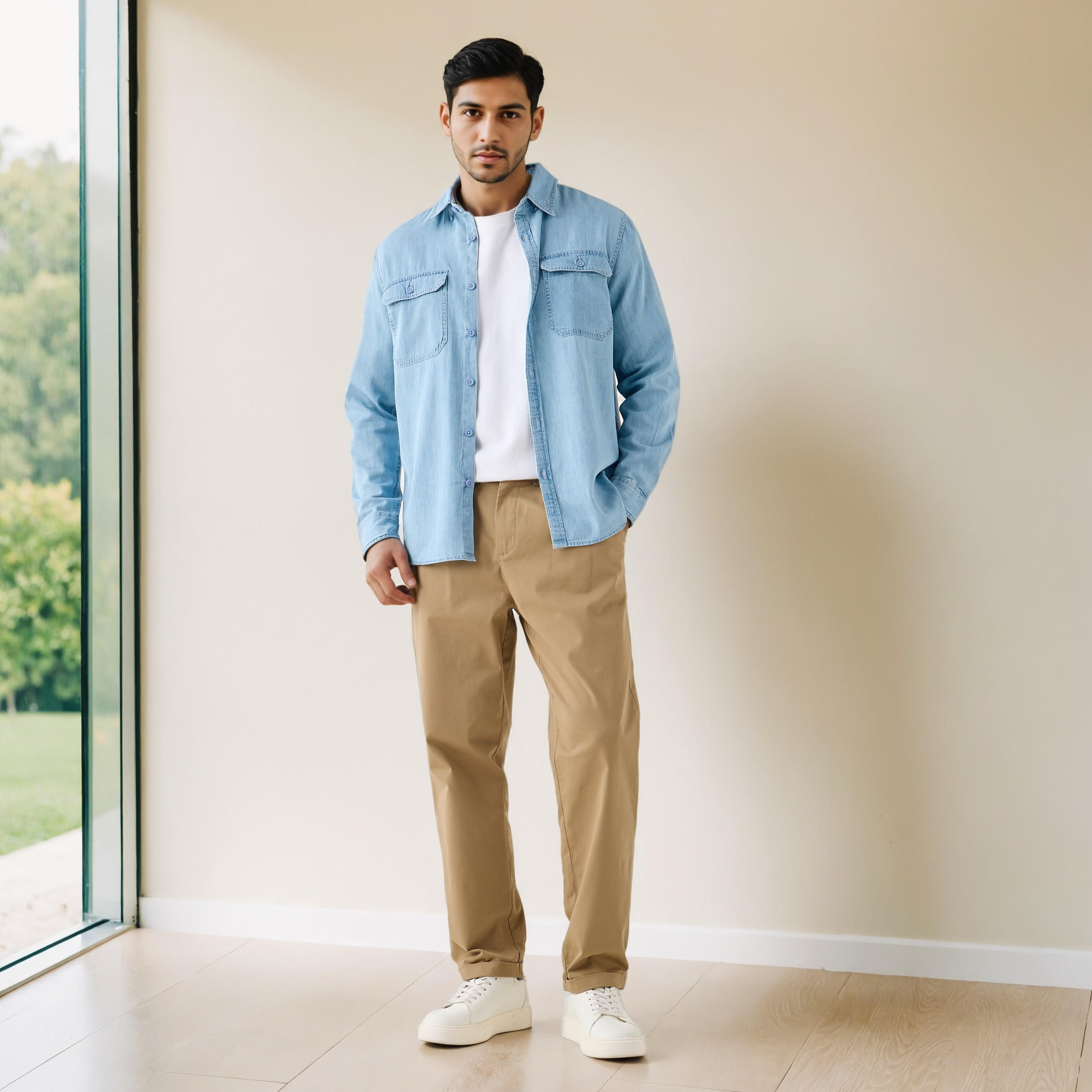 قميص دينم بأكمام طويلة وجيب بطية-men-clothing-shirts-image-2