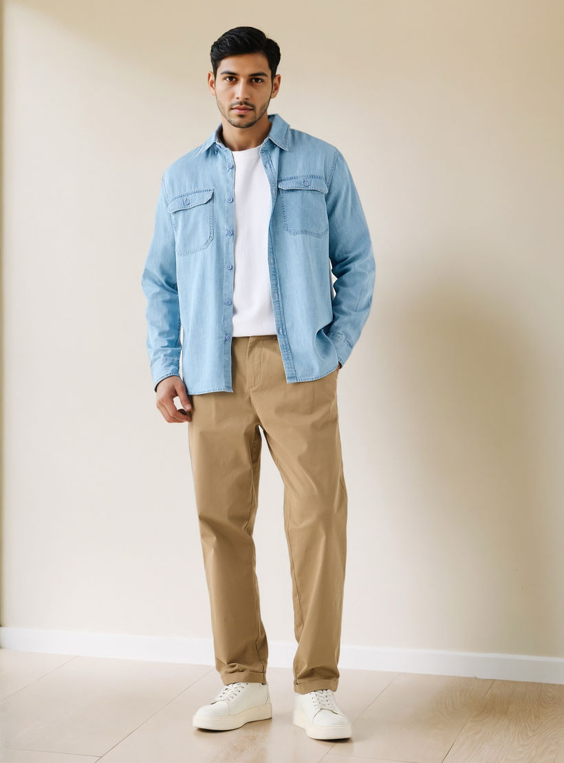 قميص دينم بأكمام طويلة وجيب بطية-men-clothing-shirts-image-2
