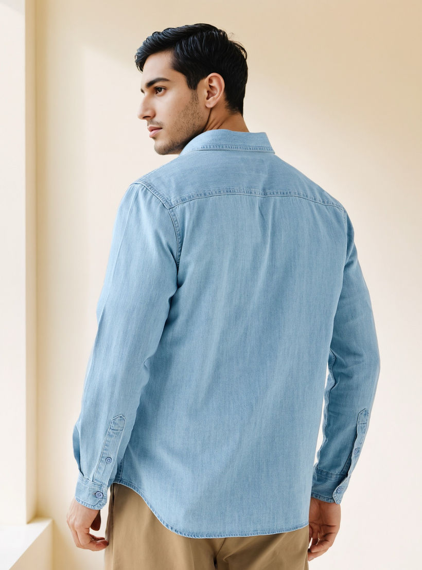 قميص دينم بأكمام طويلة وجيب بطية-men-clothing-shirts-image-3
