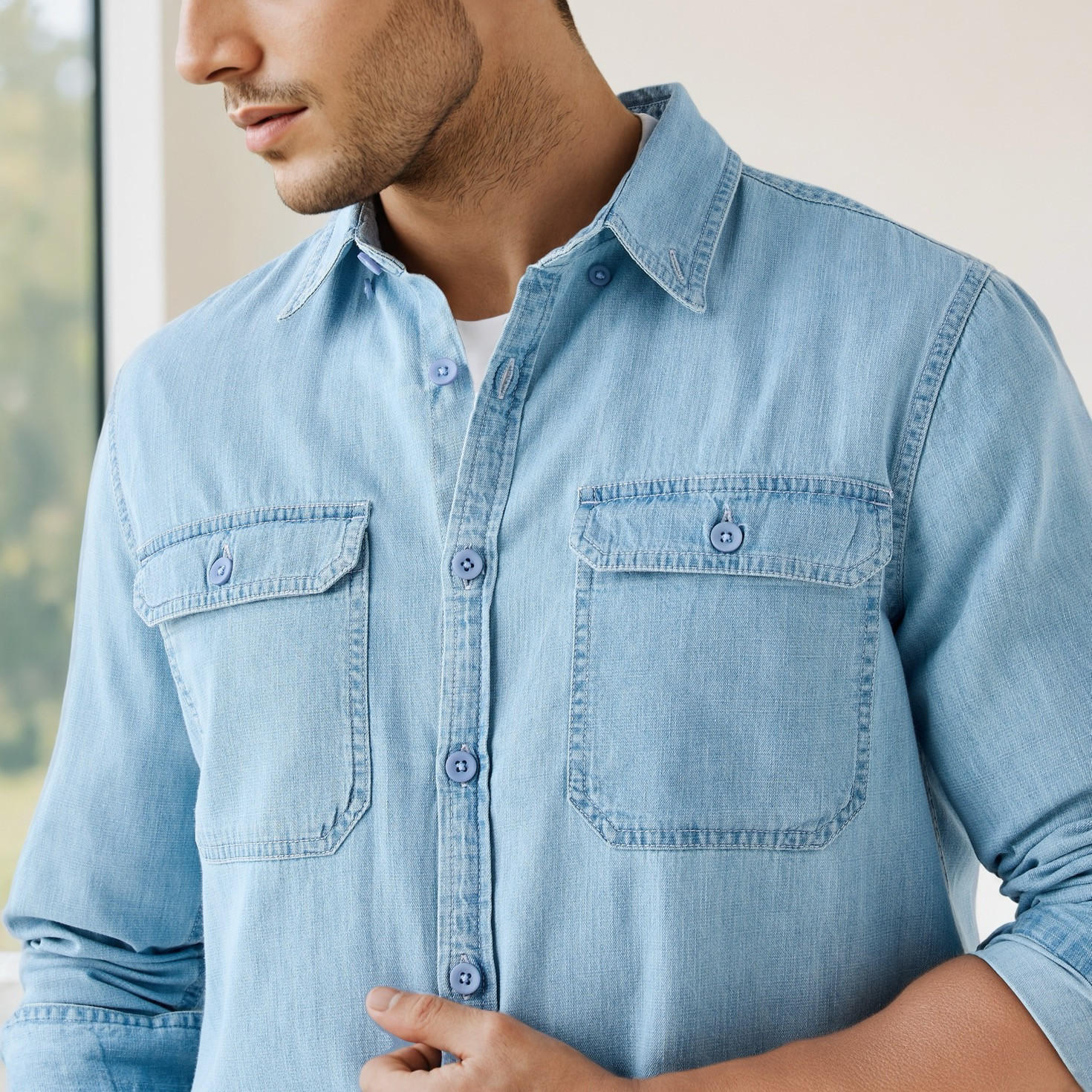 قميص دينم بأكمام طويلة وجيب بطية-men-clothing-shirts-image-4