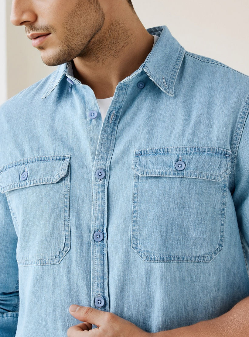 قميص دينم بأكمام طويلة وجيب بطية-men-clothing-shirts-image-4