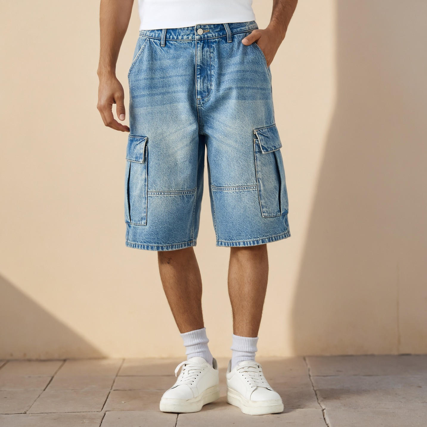 Plain Denim Cargo Shorts with Pockets-men-clothing-bottoms-shorts-image-1
