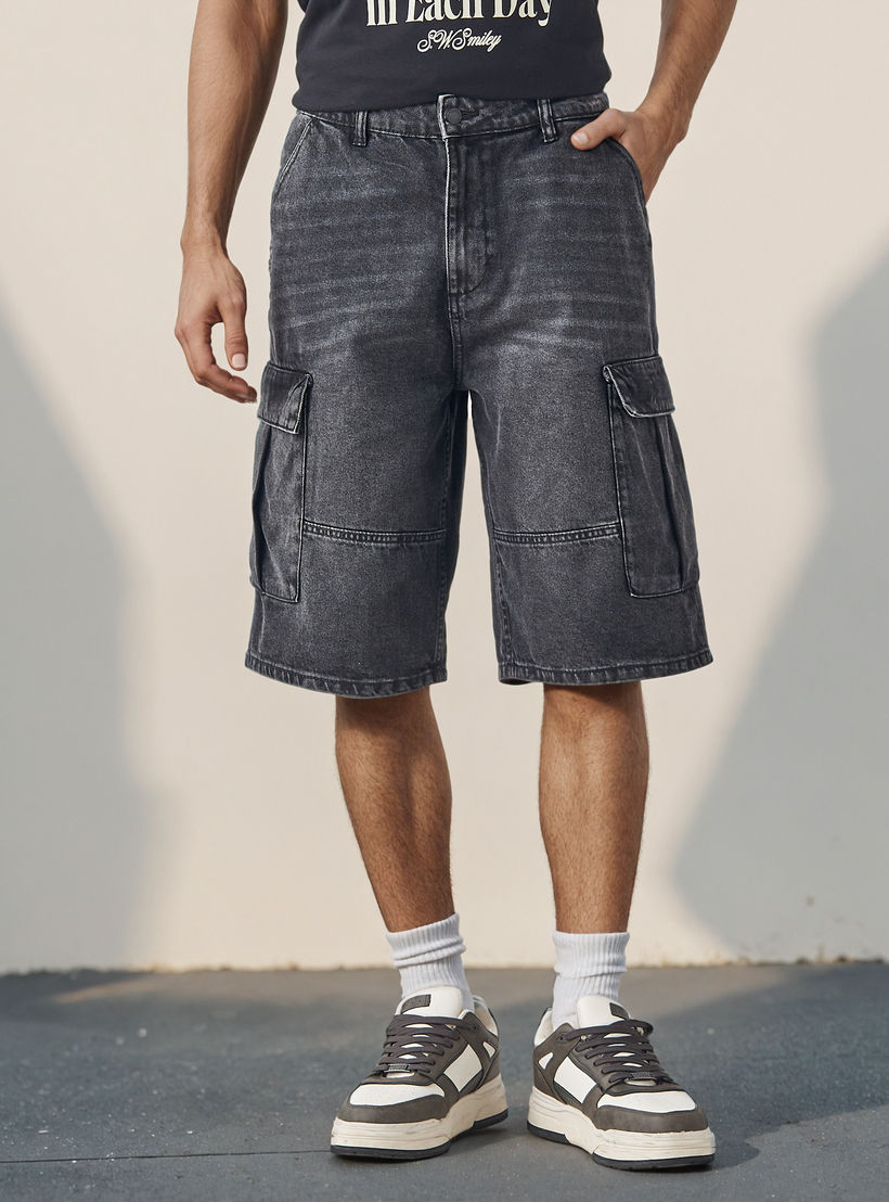 Plain Denim Cargo Shorts with Pockets-men-clothing-bottoms-shorts-image-1
