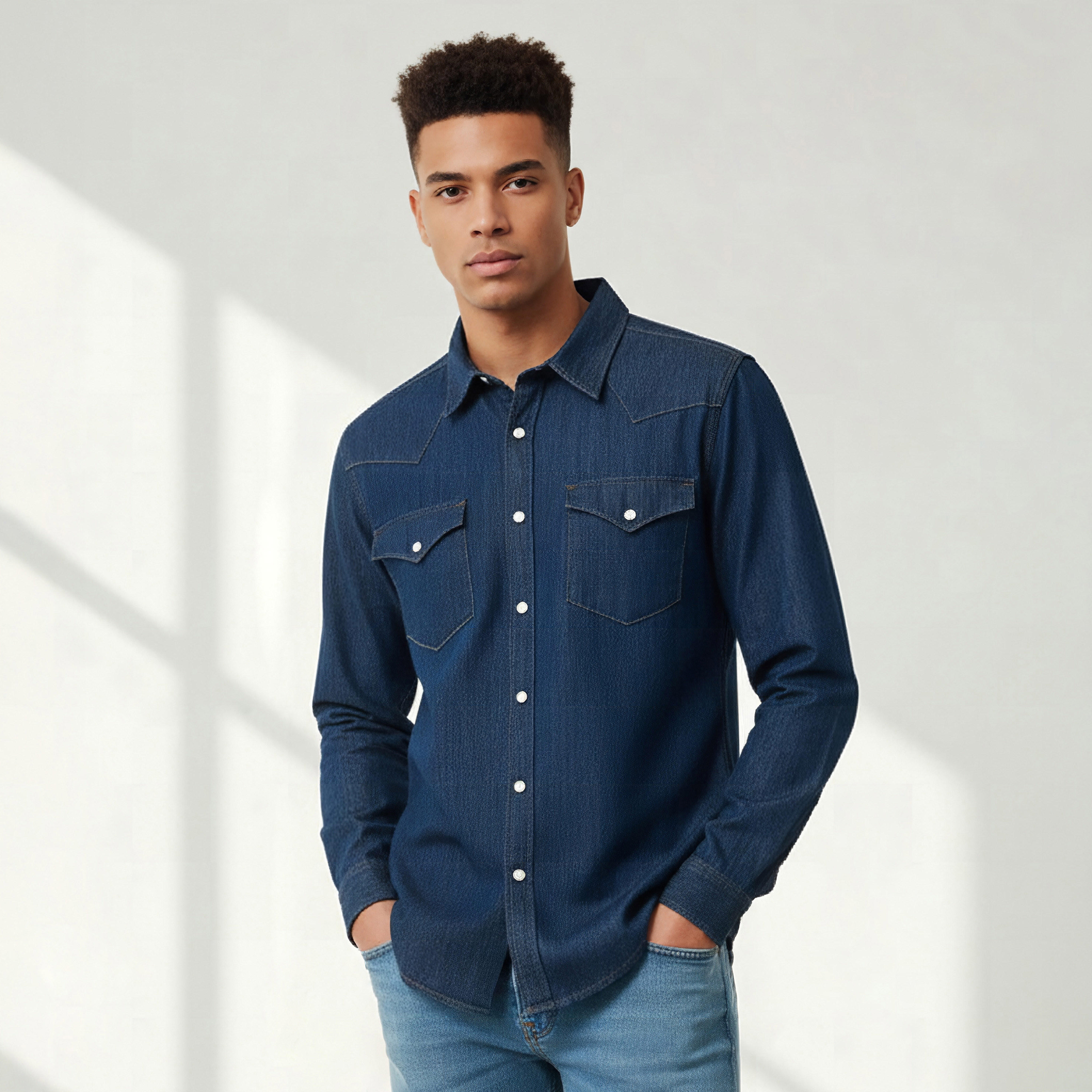 Men Regular Fit Collared Denim Long Sleeves Shirt-men-clothing-shirts-image-1