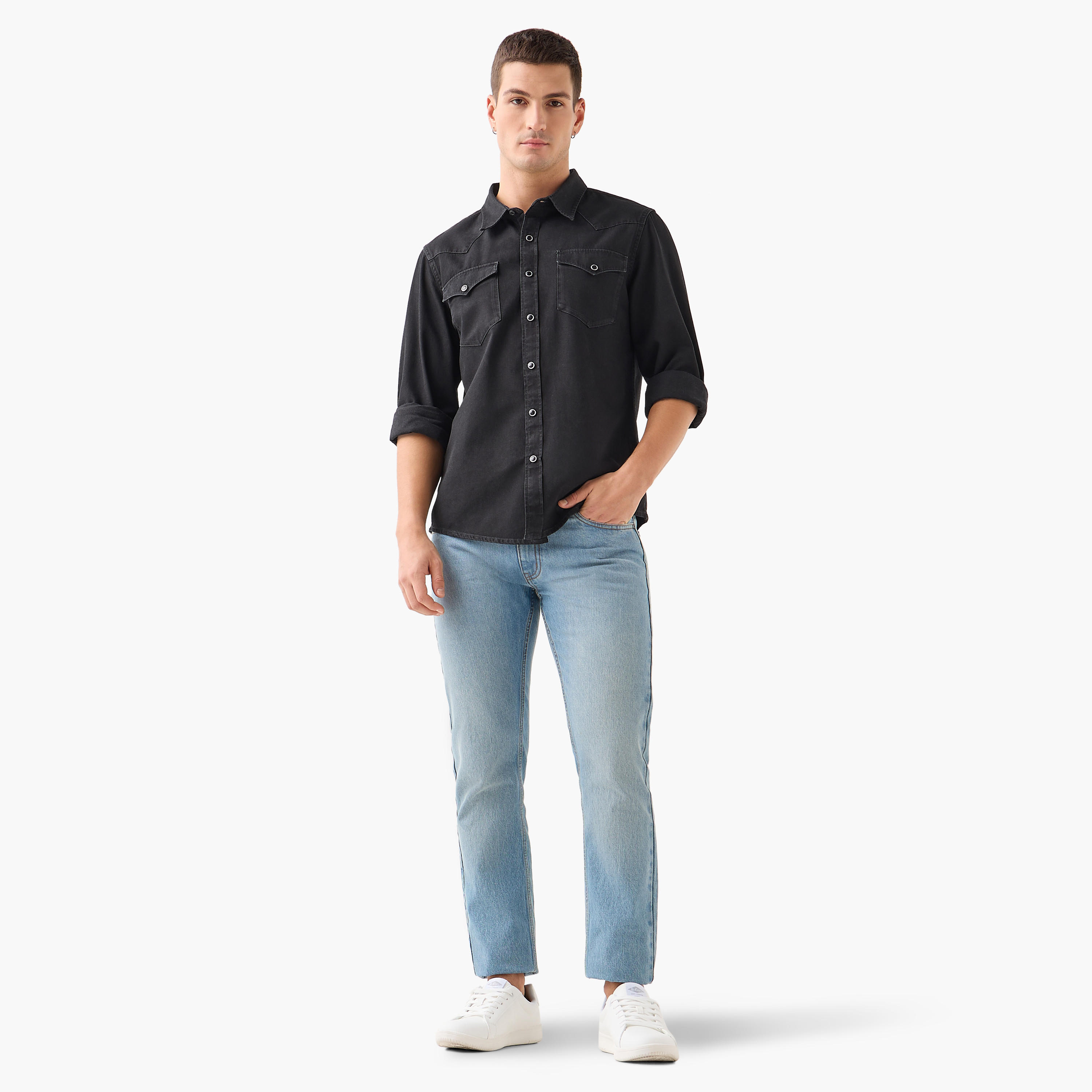 Men Regular Fit Collared Denim Long Sleeves Shirt-men-clothing-shirts-image-2