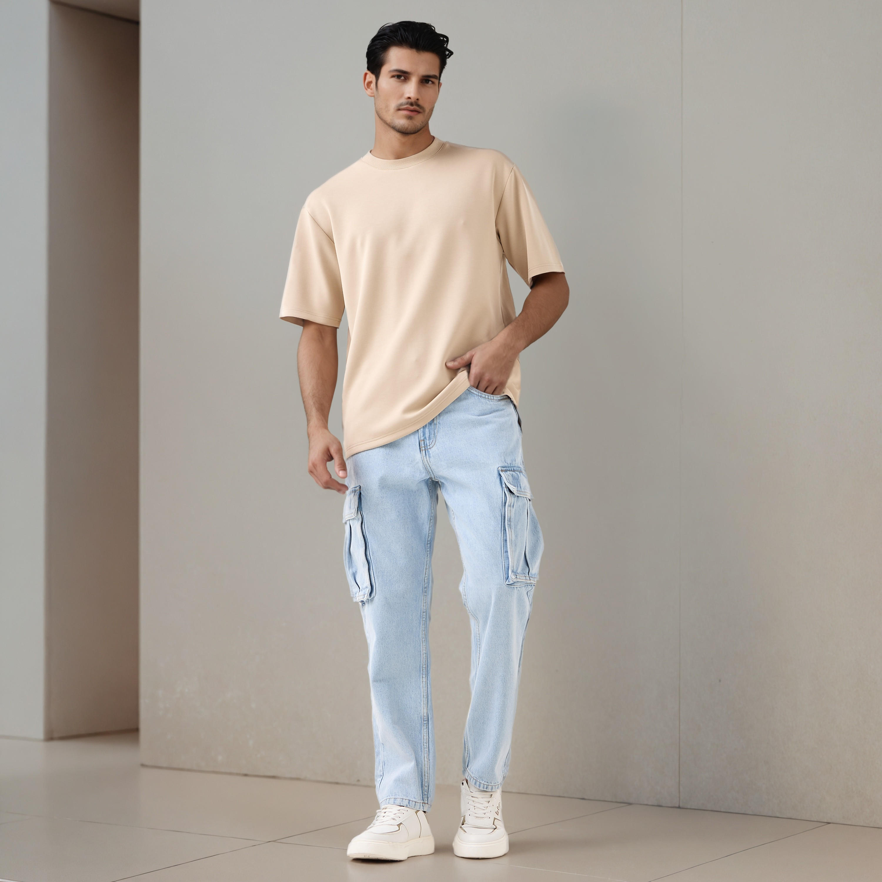 بنطلون جينز كارجو بقصة مستقيمة وخصر متوسط الارتفاع للرجال-men-clothing-bottoms-jeans-image-4