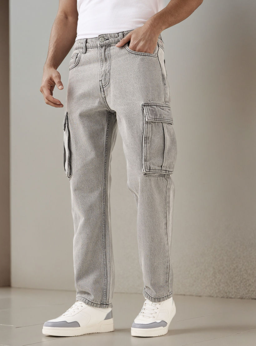 بنطلون جينز كارجو بقصة مستقيمة وخصر متوسط الارتفاع للرجال-men-clothing-bottoms-jeans-image-1