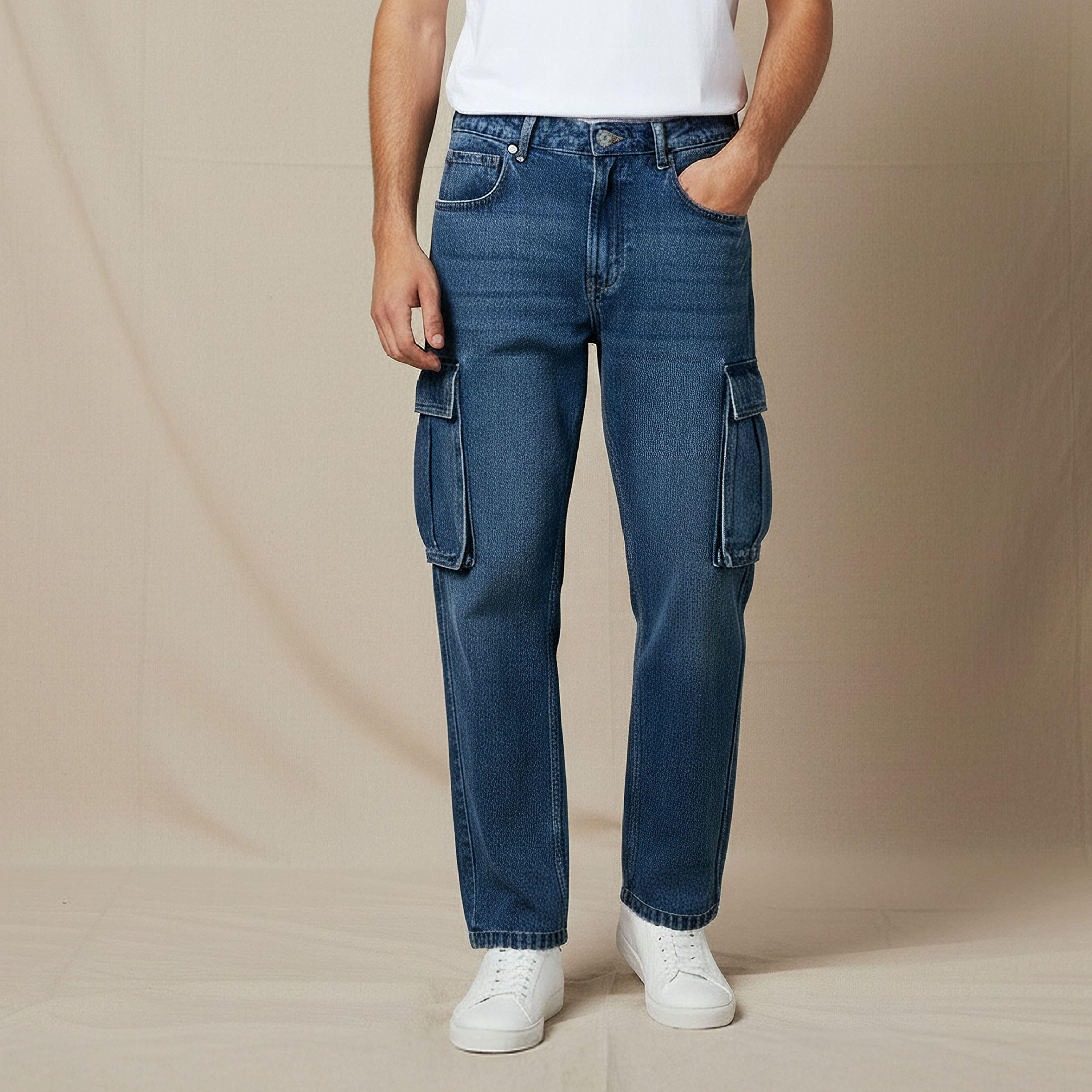 Men Regular Fit Mid-Rise Cargo Jeans-men-clothing-bottoms-jeans-image-1