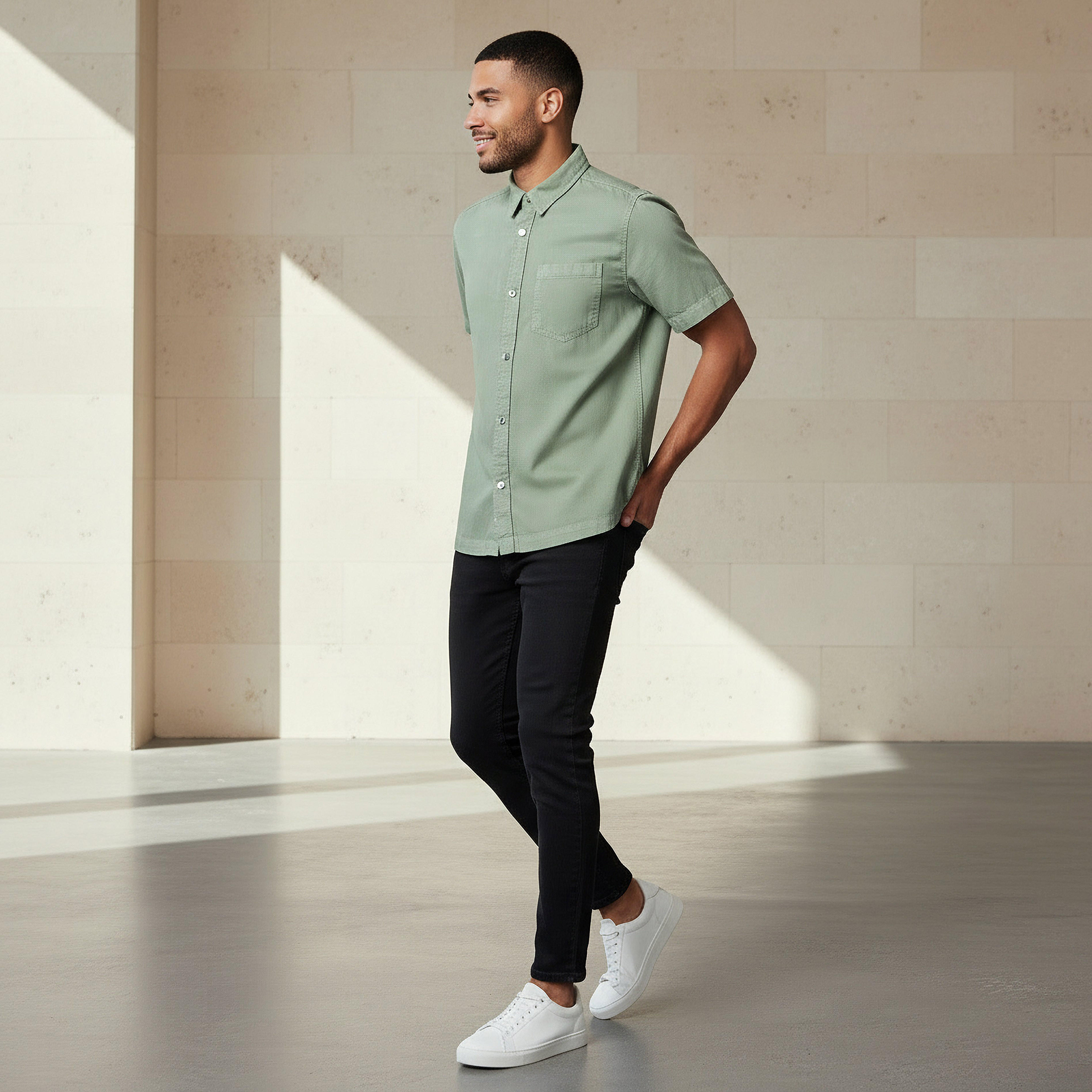قميص قصير الأكمام بياقة وقصة عادية للرجال-men-clothing-shirts-image-4