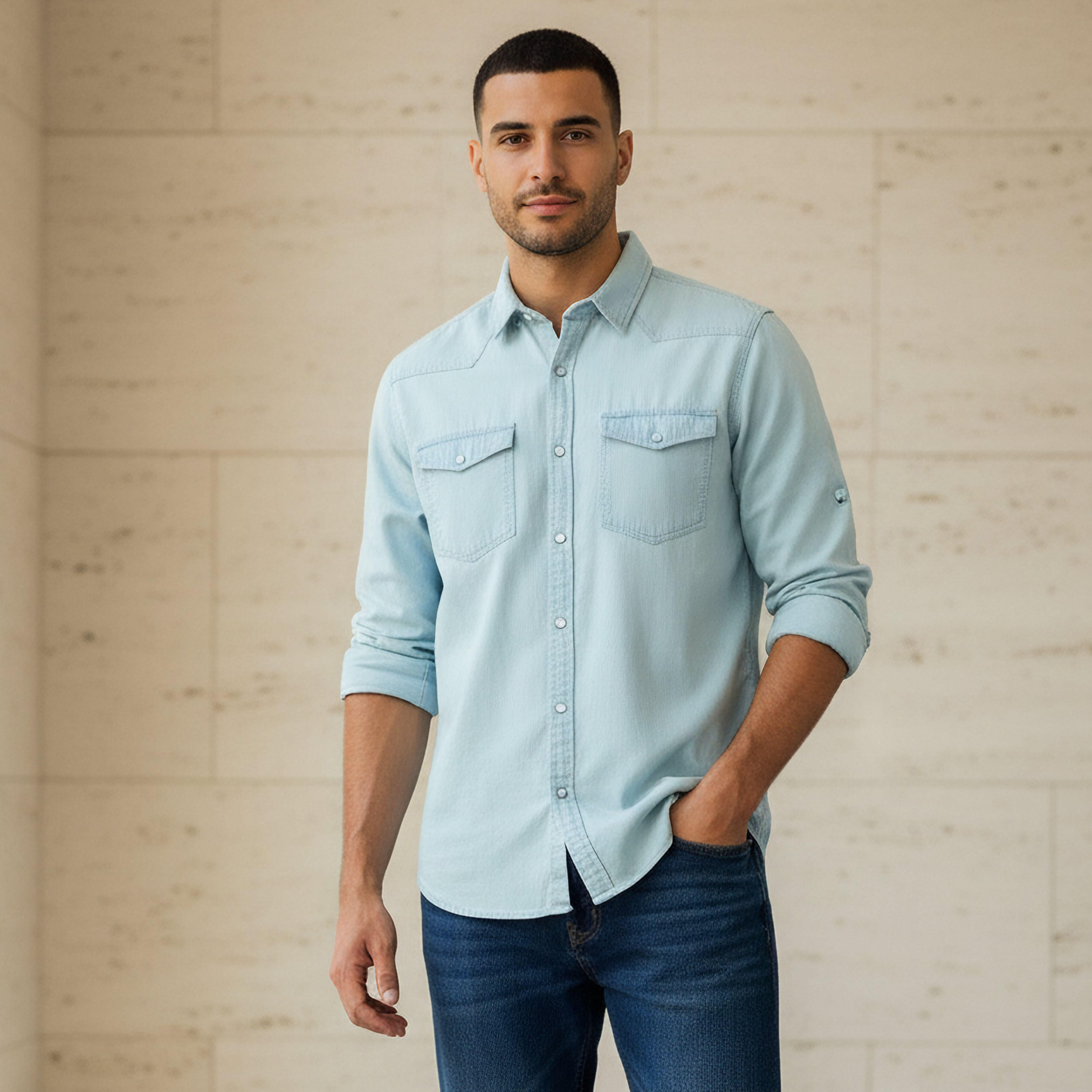 Men Regular Fit Collared Long Sleeves Denim Shirt-men-clothing-shirts-image-1