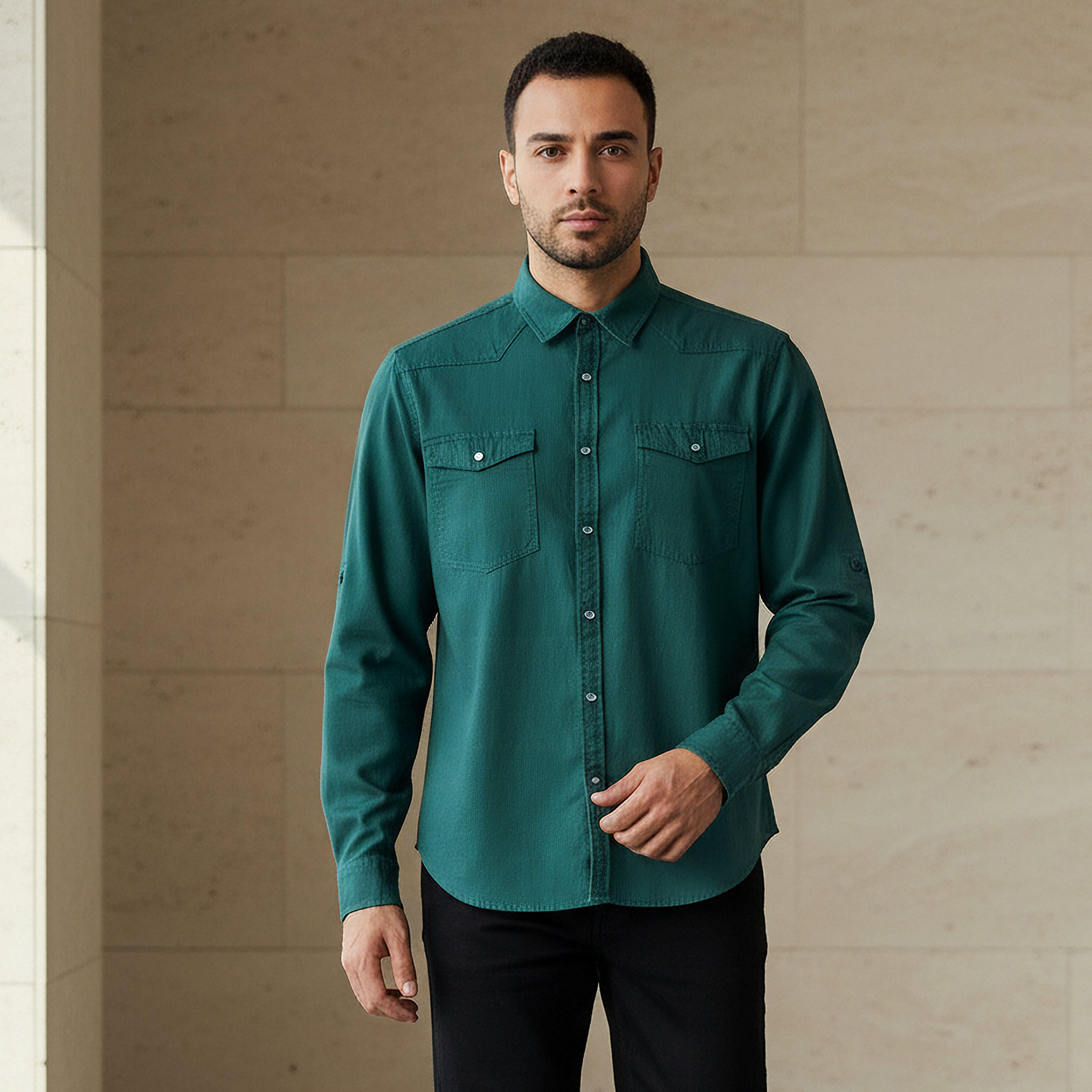 Men Regular Fit Collared Long Sleeves Denim Shirt-men-clothing-shirts-image-1