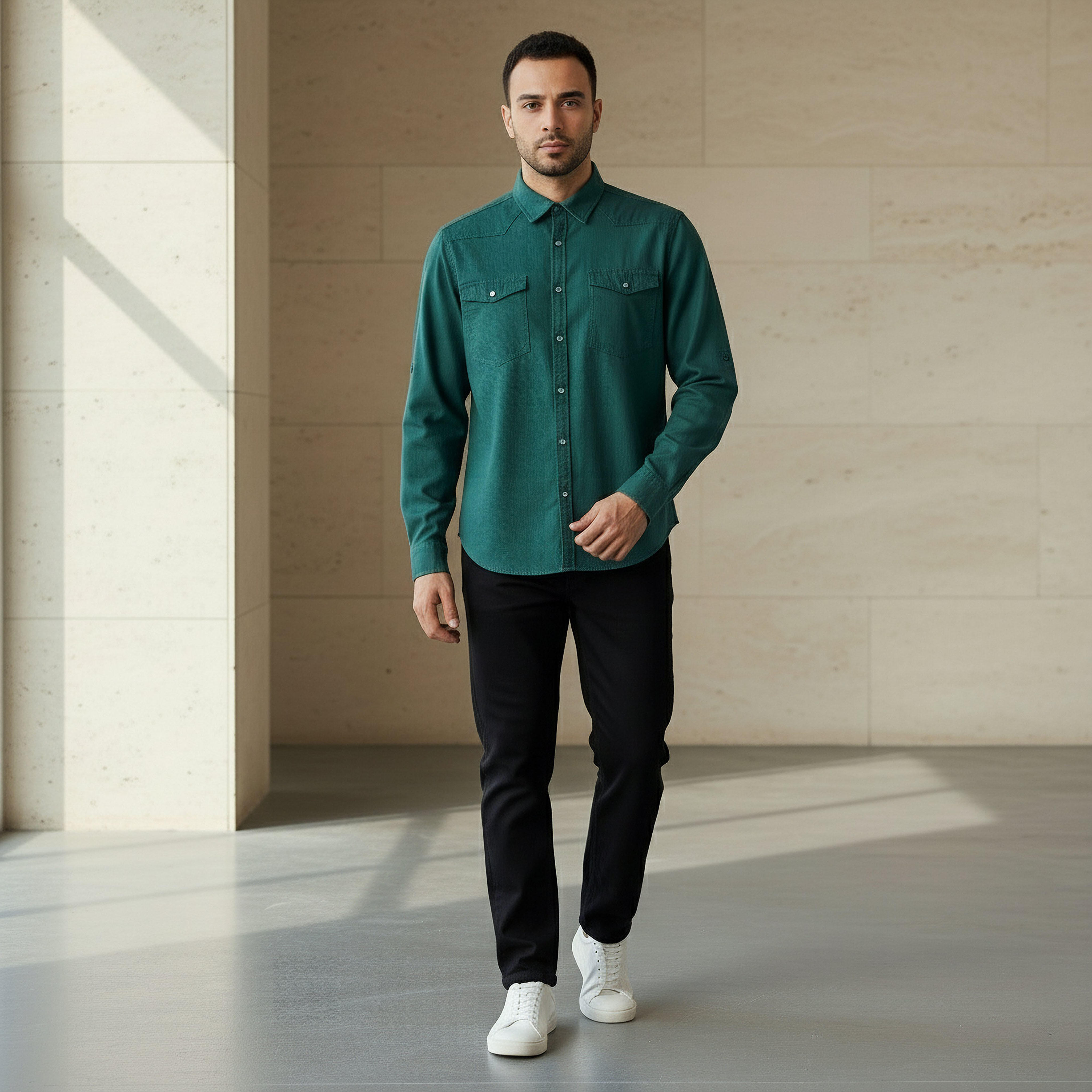 Men Regular Fit Collared Long Sleeves Denim Shirt-men-clothing-shirts-image-5