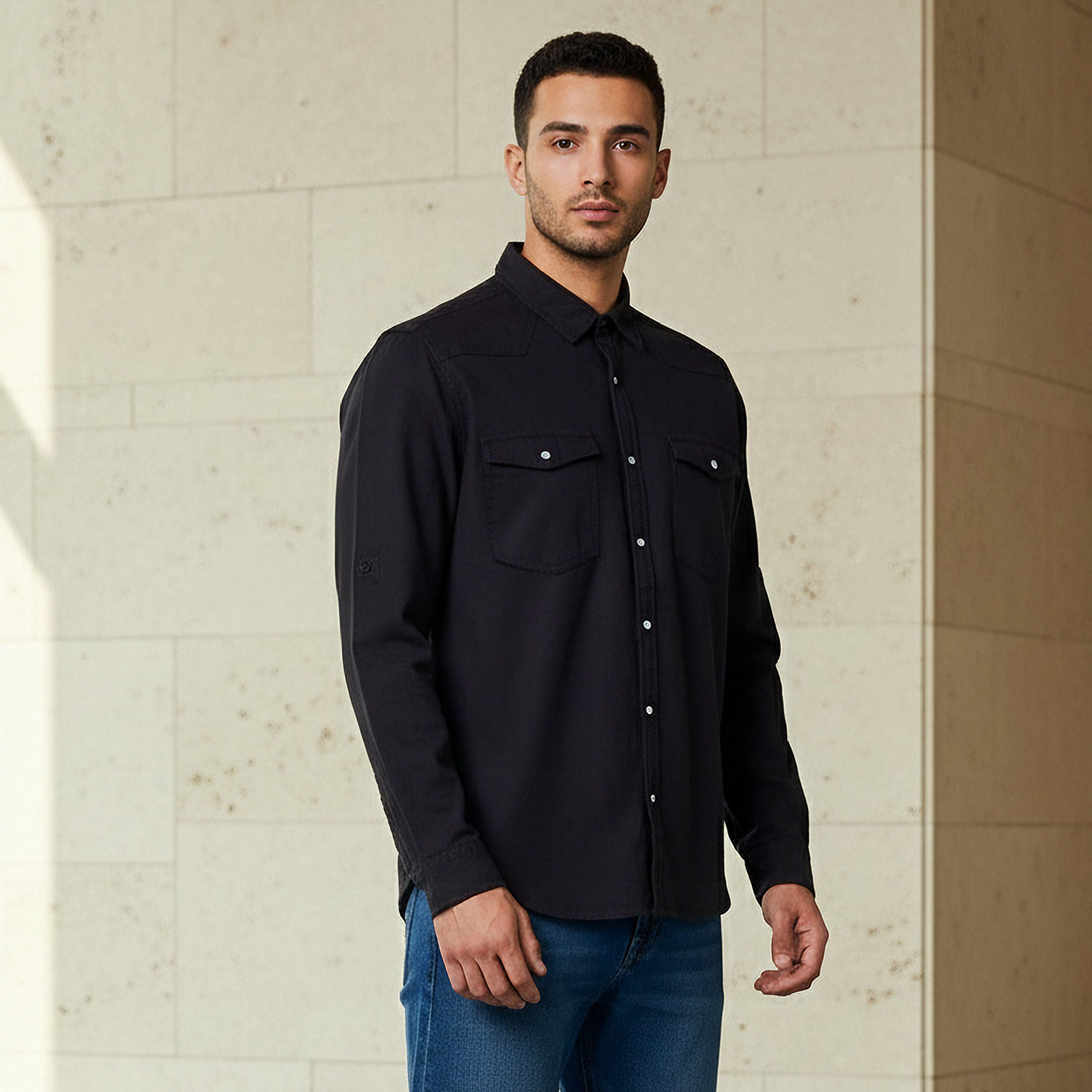 قميص دينم بقصة عادية وياقة وأكمام طويلة للرجال-men-clothing-shirts-image-5