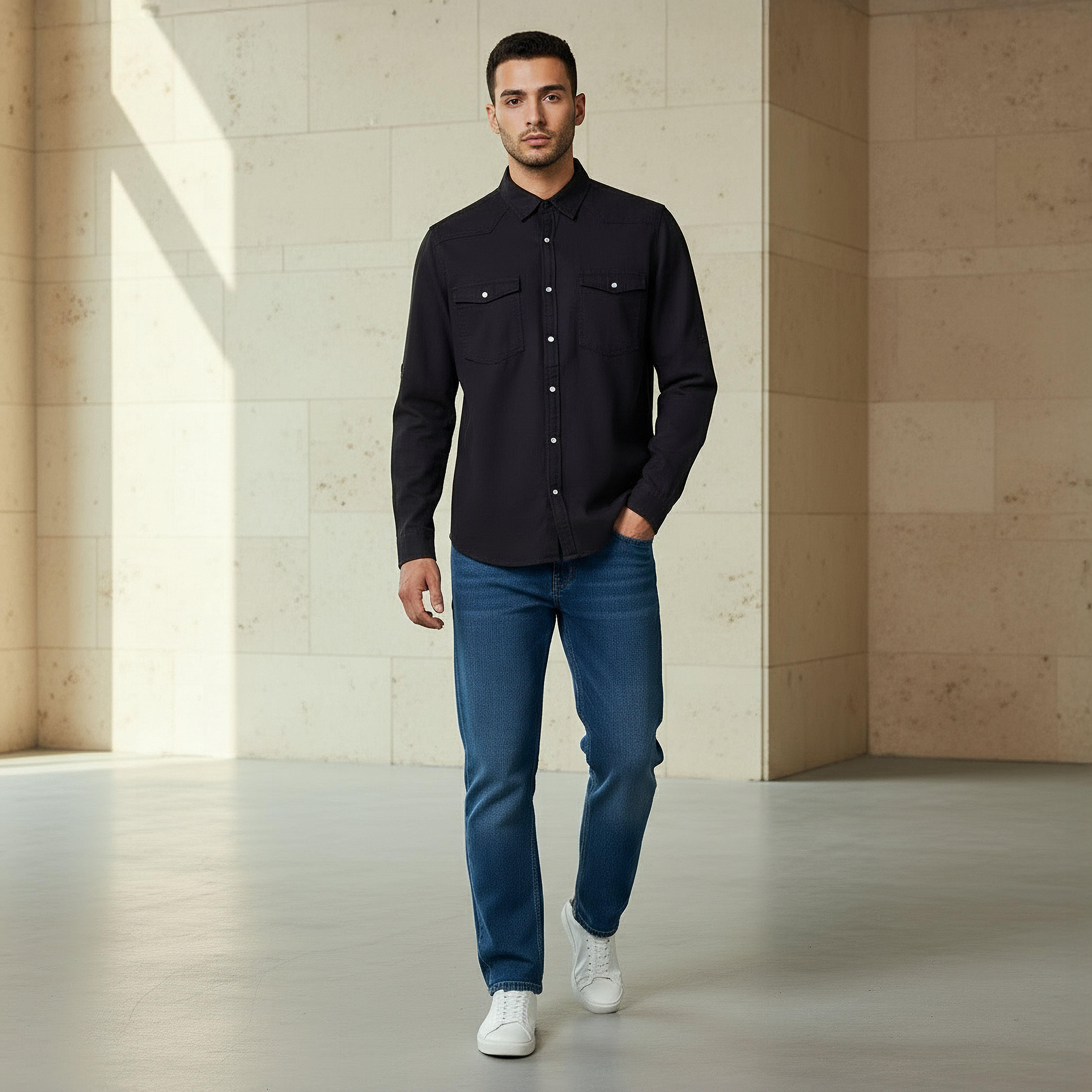 قميص دينم بقصة عادية وياقة وأكمام طويلة للرجال-men-clothing-shirts-image-4