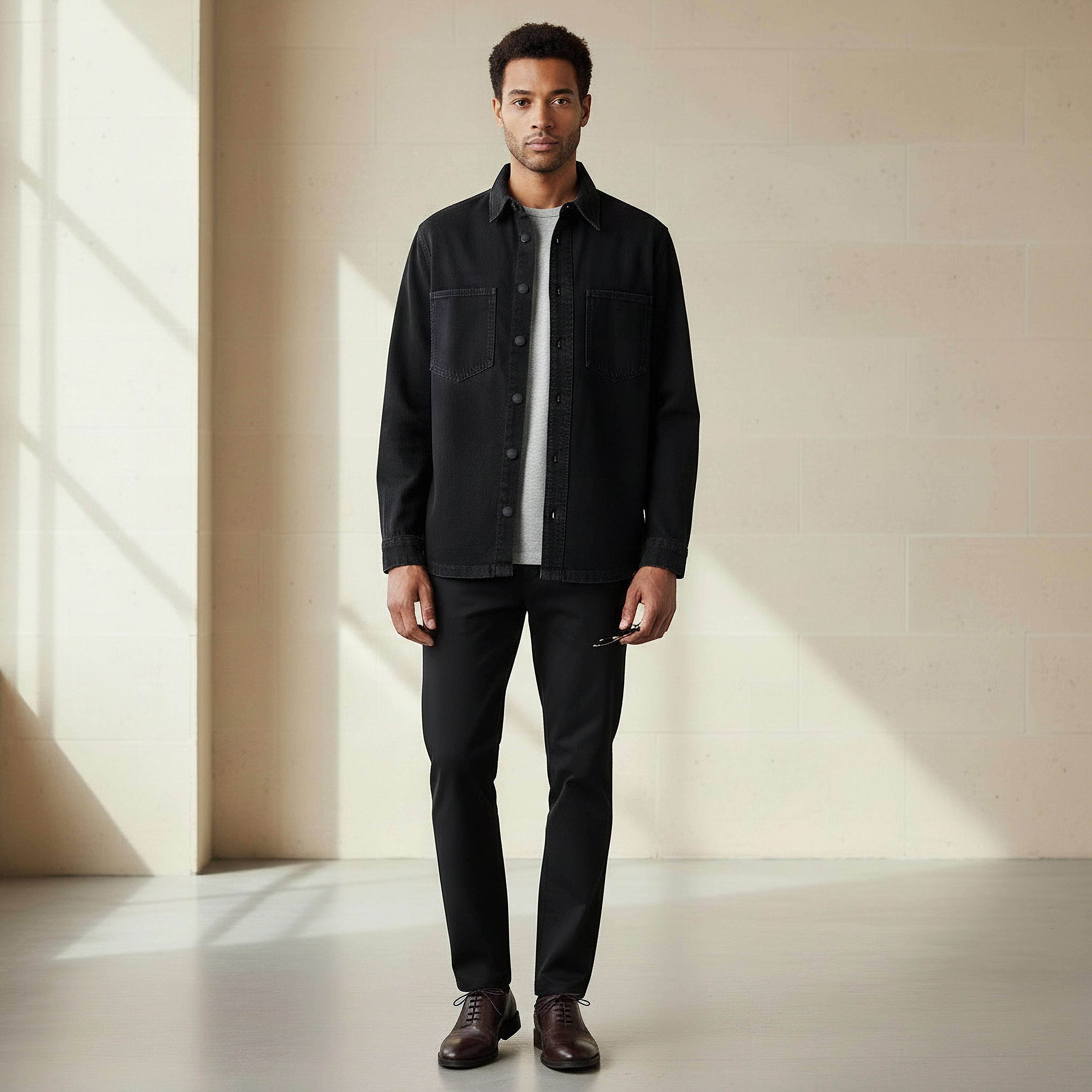 قميص دينم رجالي بأكمام طويلة وقصة عادية وياقة كلاسيكية-men-clothing-shirts-image-2