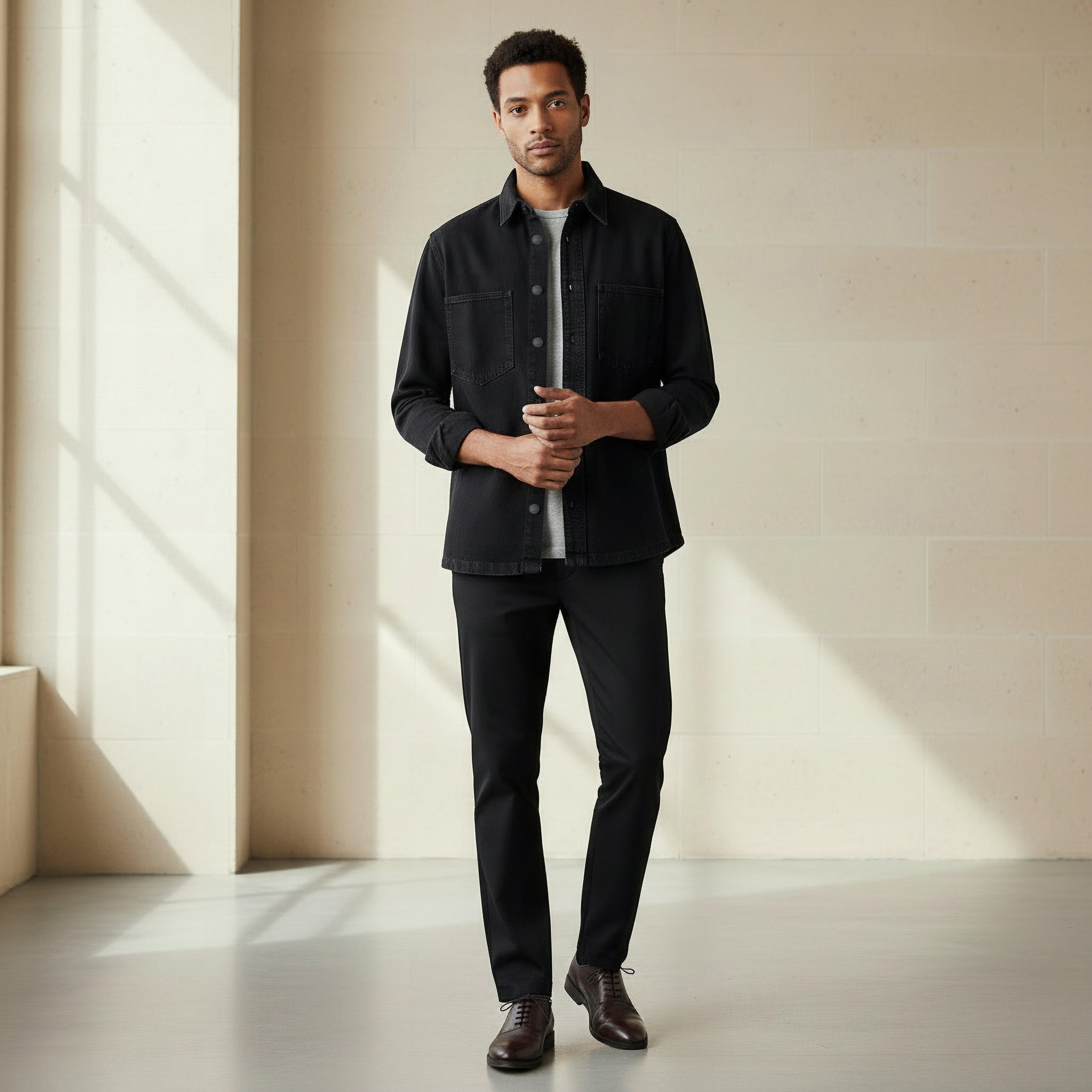قميص دينم رجالي بأكمام طويلة وقصة عادية وياقة كلاسيكية-men-clothing-shirts-image-1