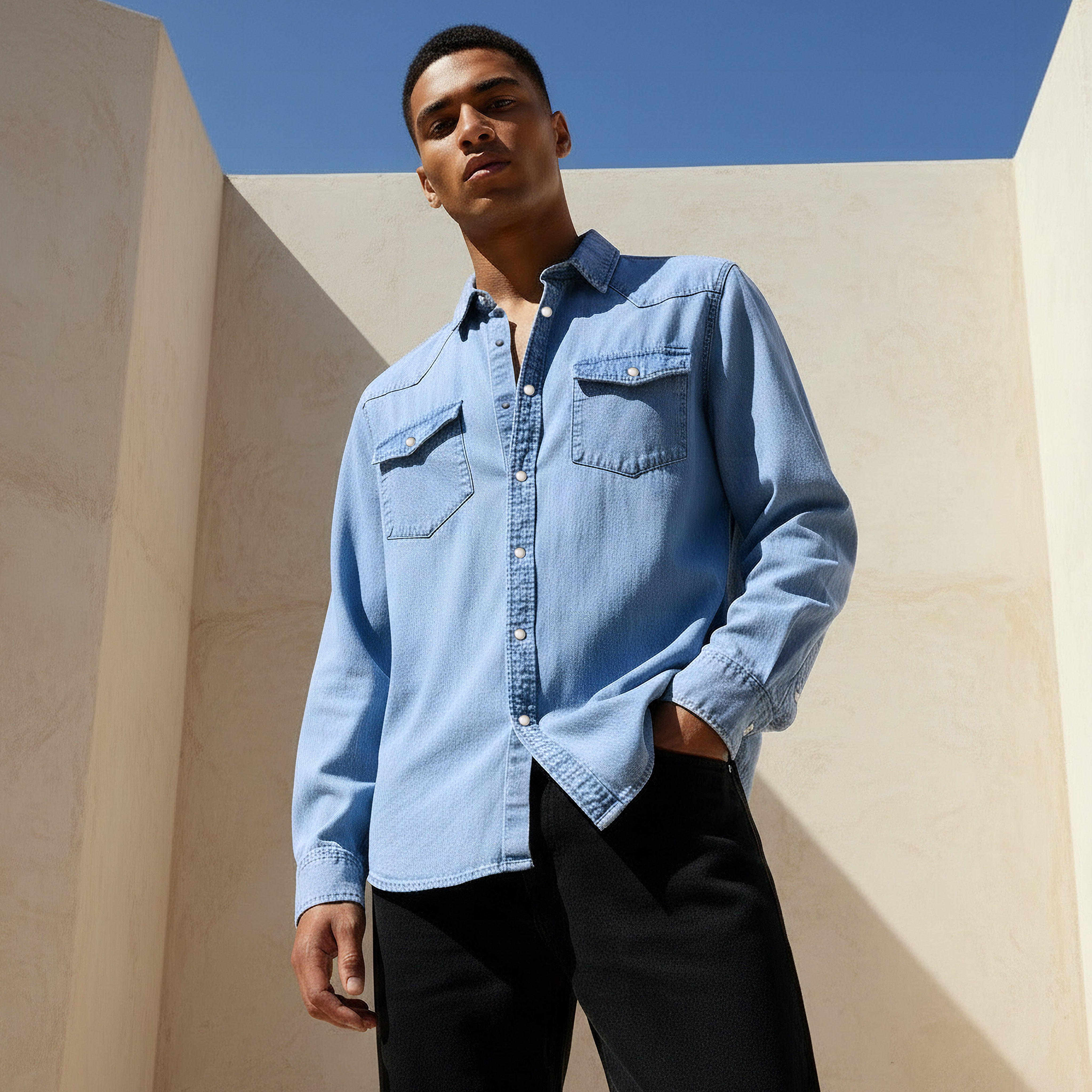 Men Regular Fit Collared Denim Long Sleeves Shirt-men-clothing-shirts-image-1