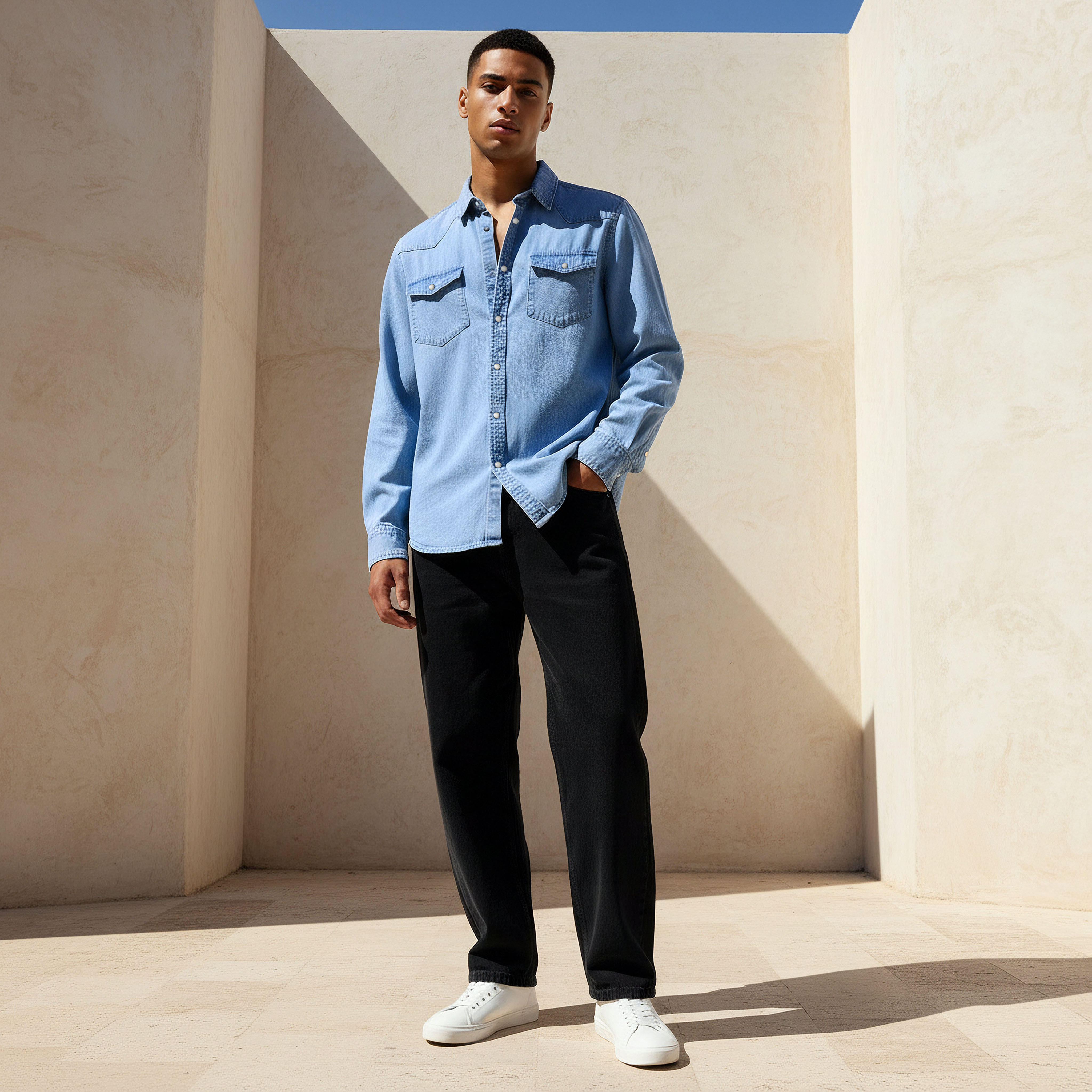 Men Regular Fit Collared Denim Long Sleeves Shirt-men-clothing-shirts-image-3