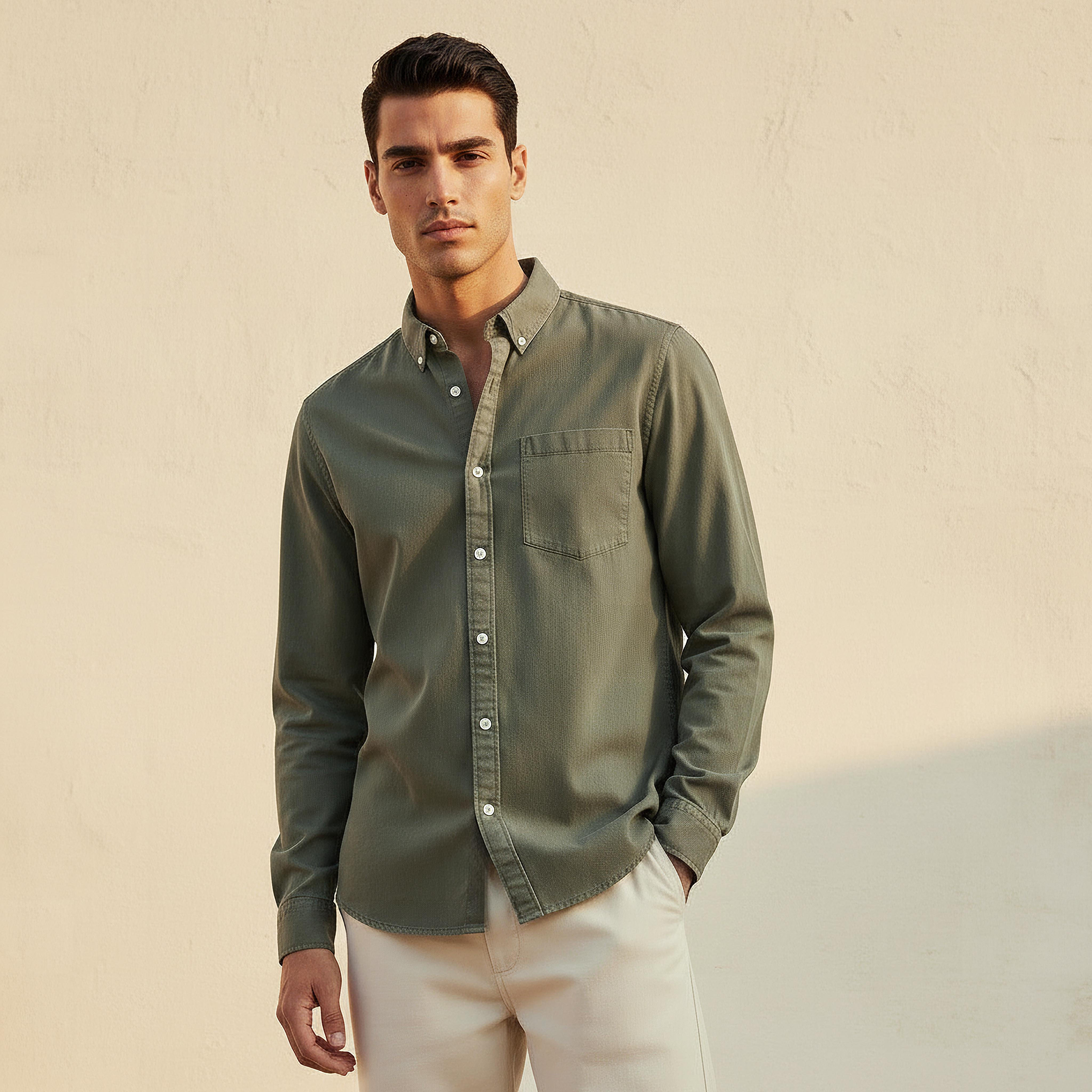Men Regular Fit Button-Down Collar Long Sleeves Denim Shirt-men-clothing-shirts-image-1