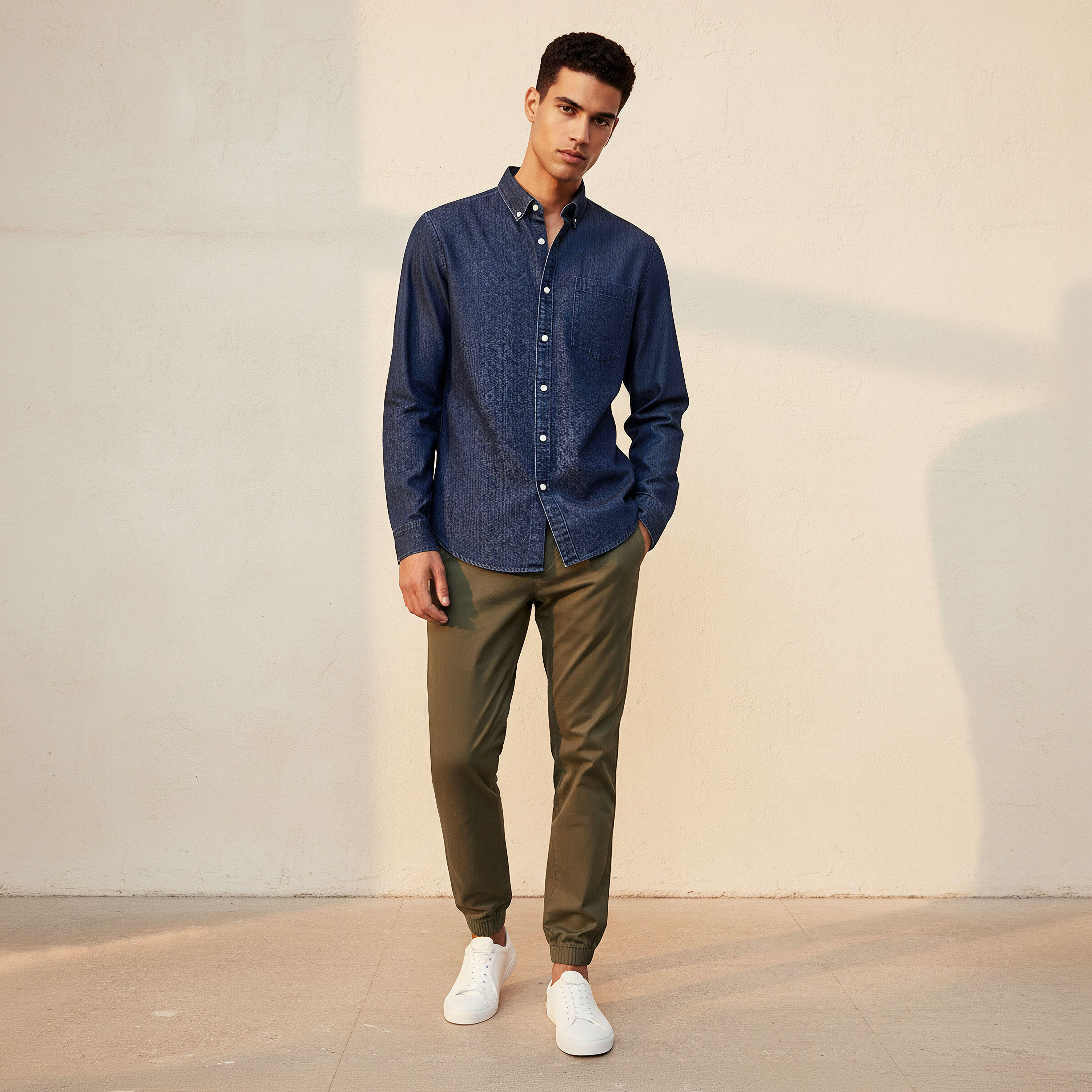 Men Regular Fit Button-Down Collar Long Sleeves Denim Shirt-men-clothing-shirts-image-3